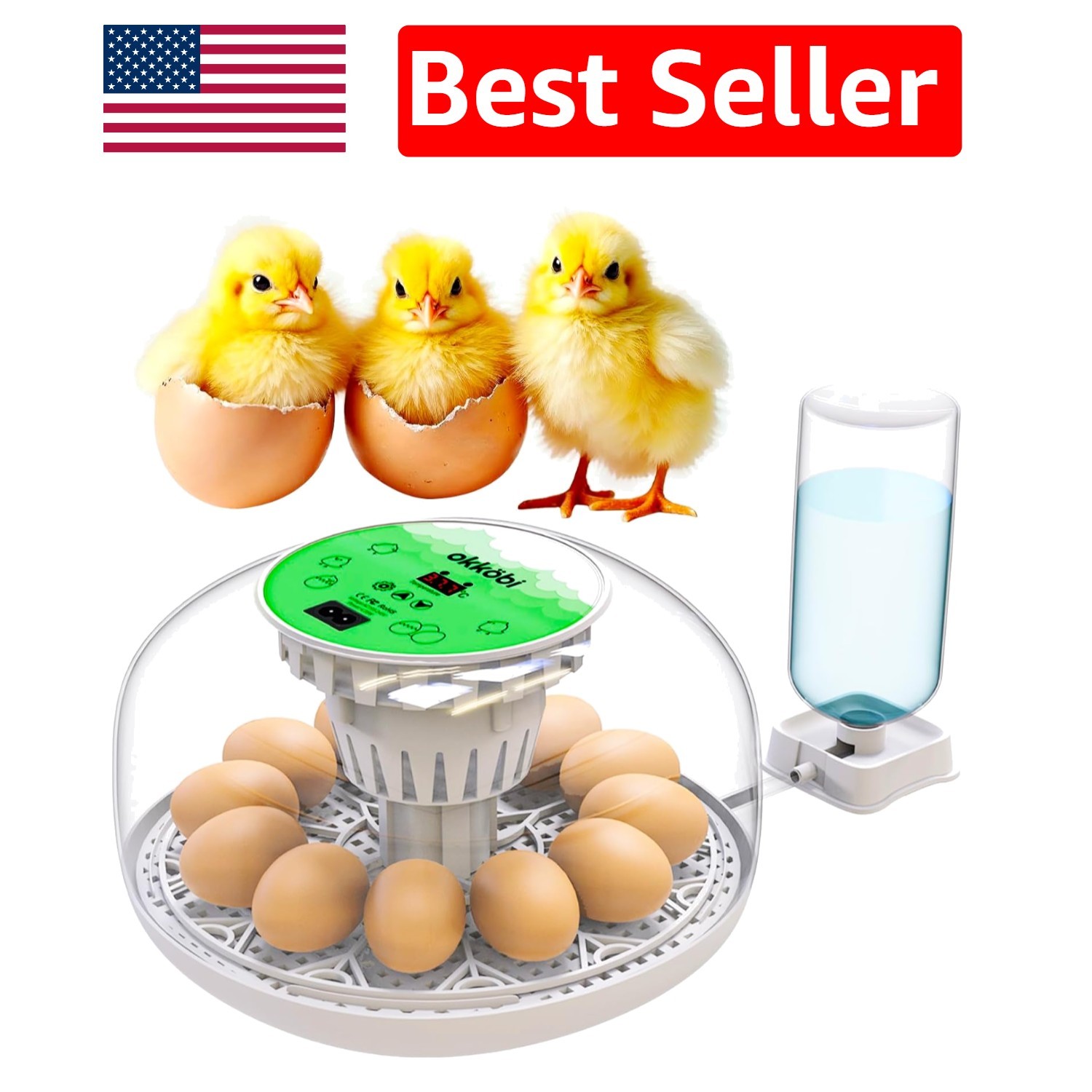 Okkobi M12 Egg Incubator with Automatic Turner - 12/24 Eggs, 360° View