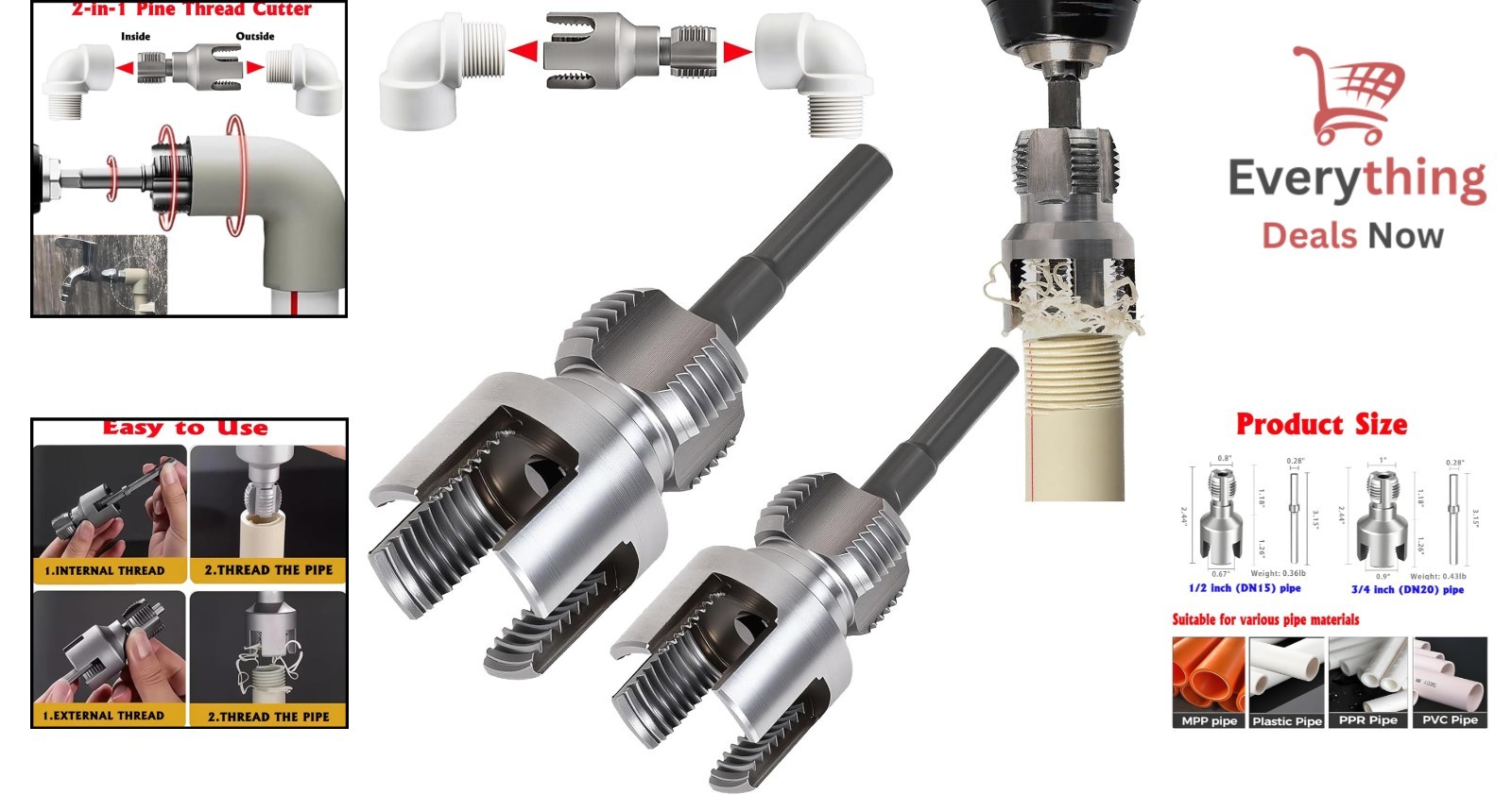 PVC Pipe Threader Kit NPT 1/2 3/4 1 Internal External Threading Tool Drill Mount