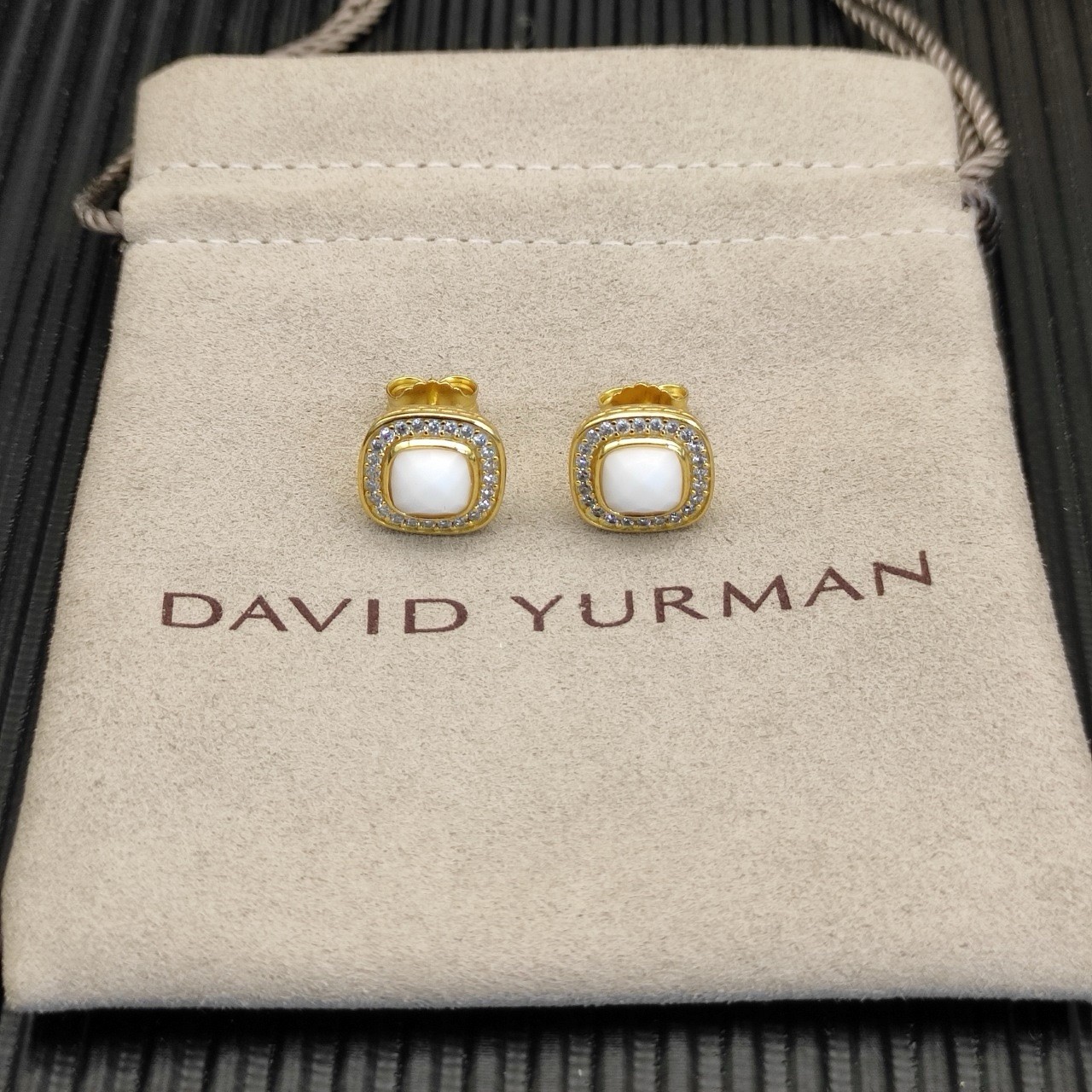 David Yurman 18k Gold Square Mother of Pearl Pavé Diamond Stud Earrings