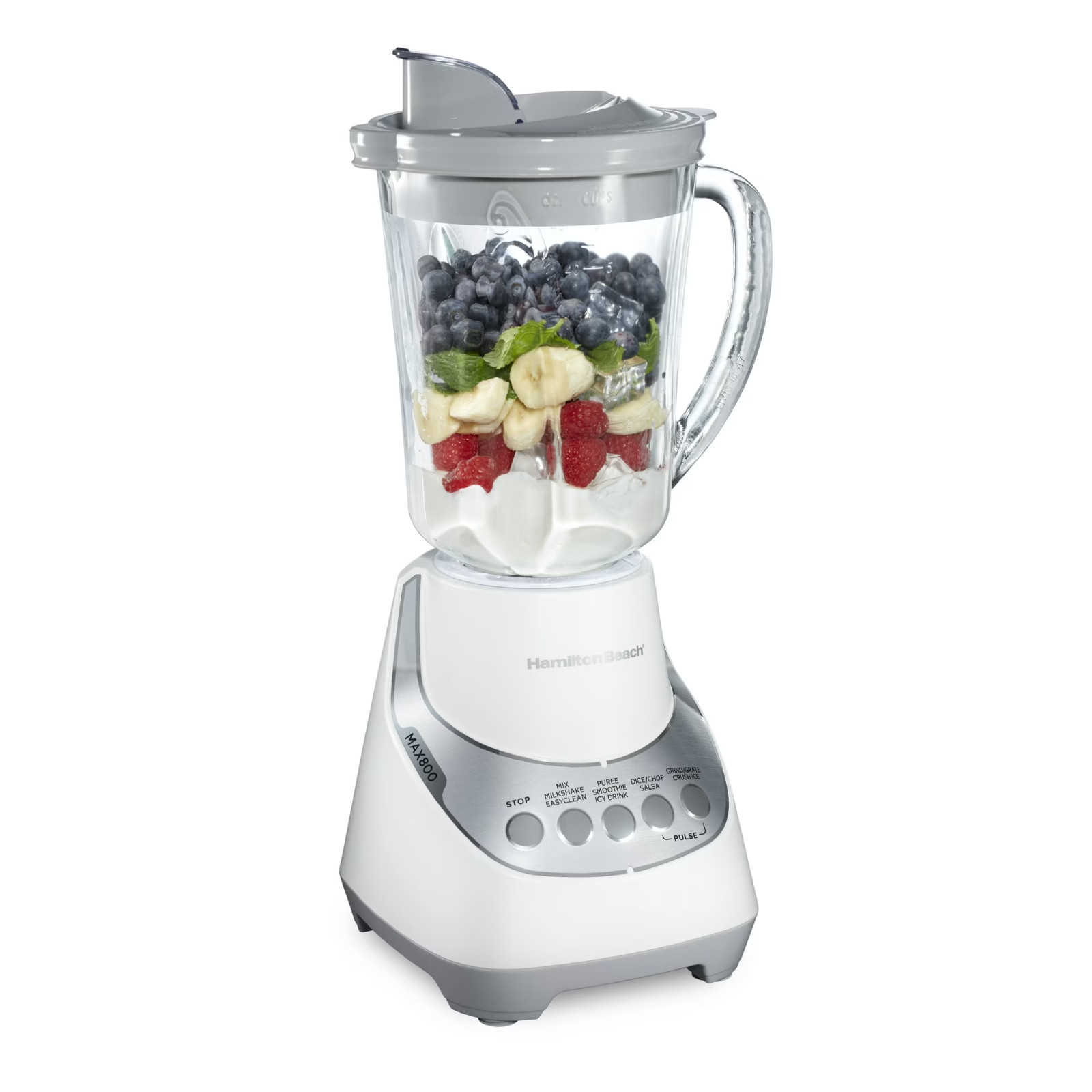 Hamilton Beach Quiet Glass Jar Blender, 48 oz.Jar,Ice Crusher,12 Functions,White