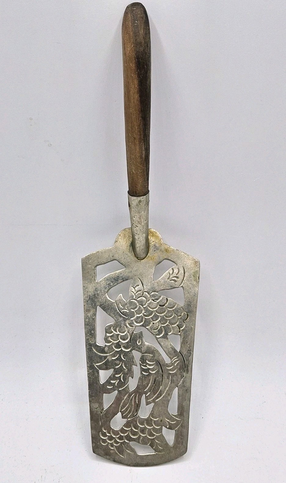 Antique  Cake Server Alpaca Mexico Hand Cut Silver Wood Handle Bird Foliage