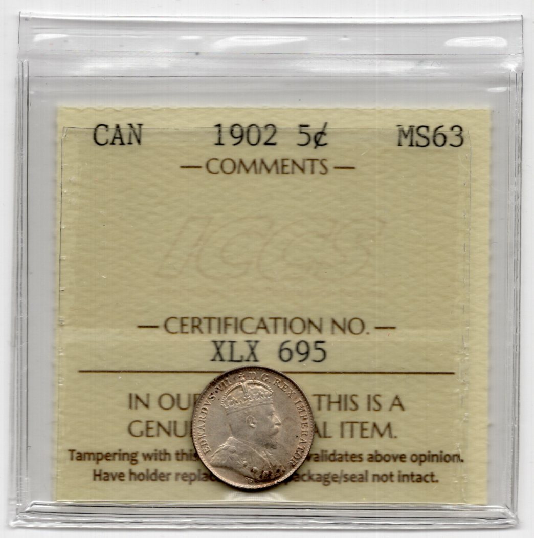 1902 Canada 5 Cents Silver Coin - ICCS MS-63