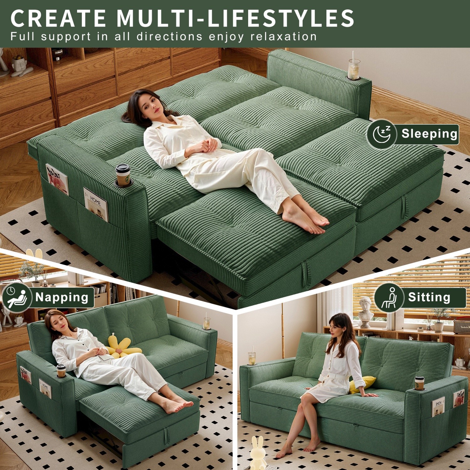 Modern Reclining Loveseat 2in1 Folding Sofa Bed w/ Cup Holders for Small Space