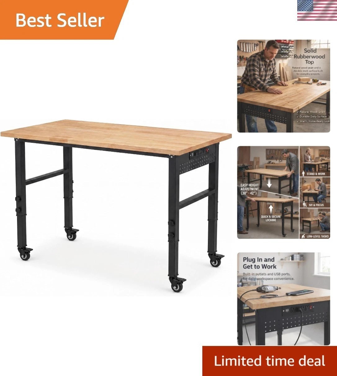 48" Adjustable Height Workbench with Rubberwood Top & Wheels - 2000 LBS Capacity