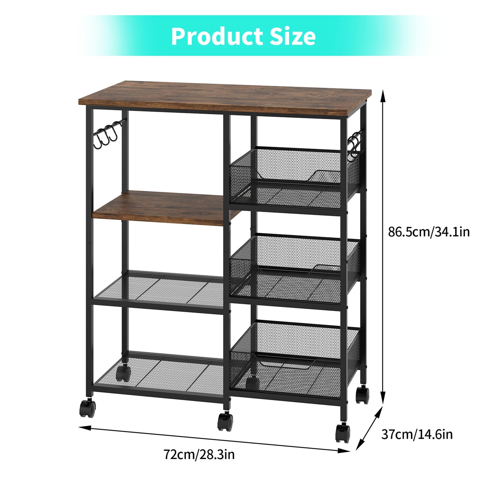 Rolling Kitchen Carts with Storage - Microwave Table Stand with 6 Hooks & 3 B...