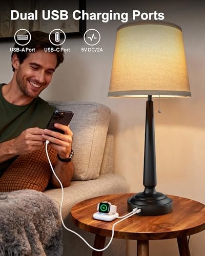 22'' Table Lamps for Bedroom Set of 2: Tall Black Table Lamps with USB XT-02