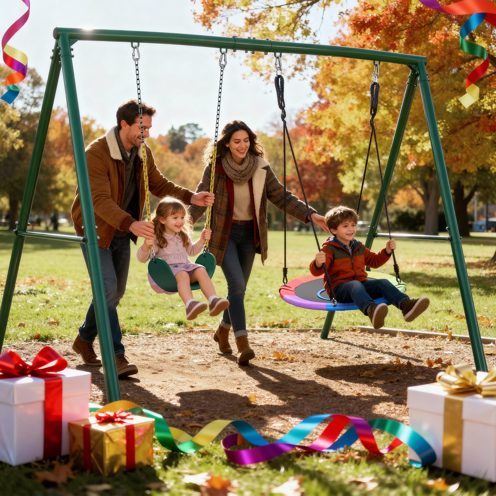 440lb Metal Playground Swing Set w/ 2 Swings Heavy Duty Swing Stand Kids Outdoor