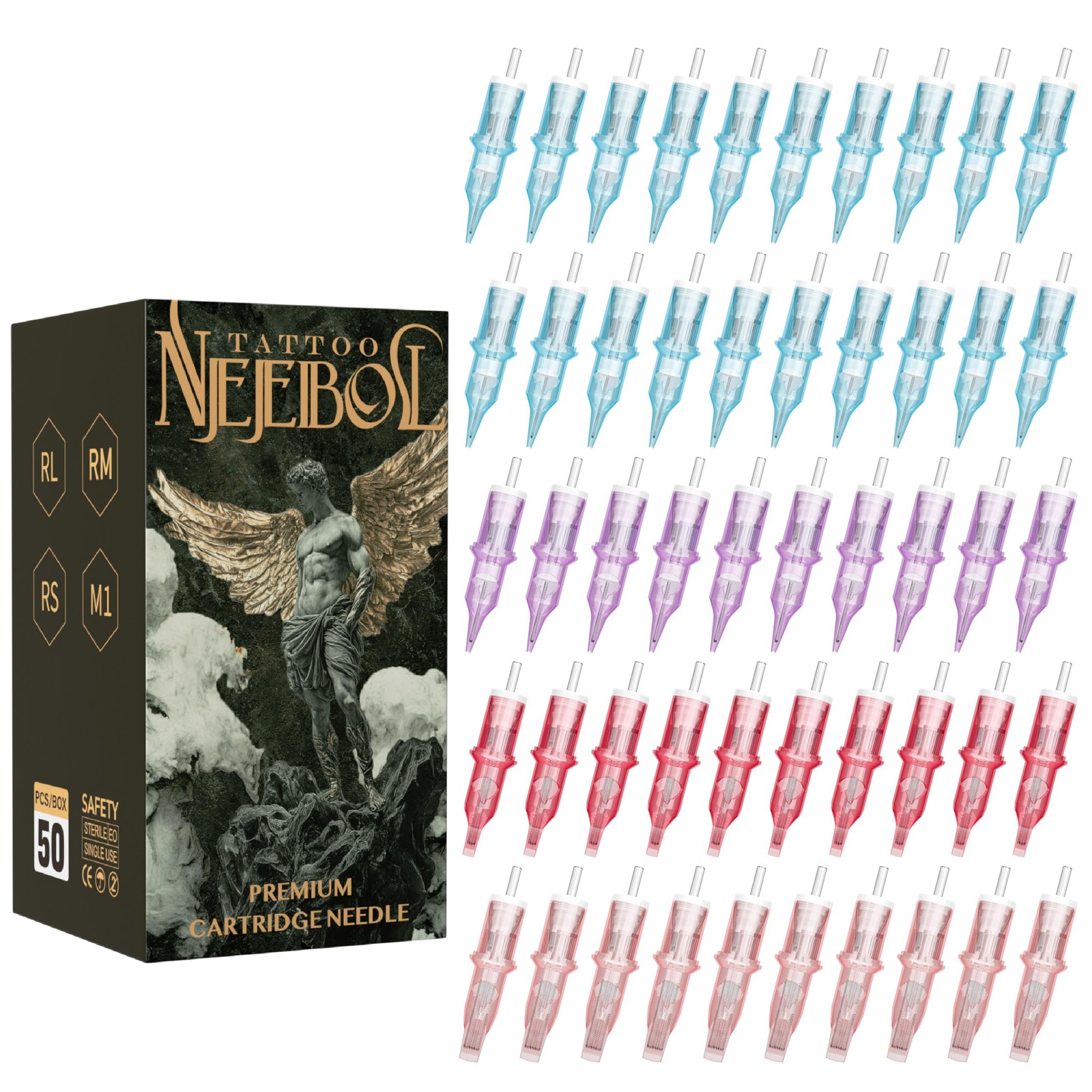 Neebol 50Pcs Tattoo Cartridge Needles 50Pcs-#12(RL+RS+RM+M1), Multicolore