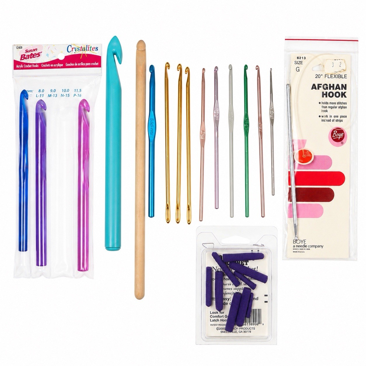 VTG Crochet Hook Lot Boye Susan Bates Crystalites Afghan Hook Aluminum Plastic