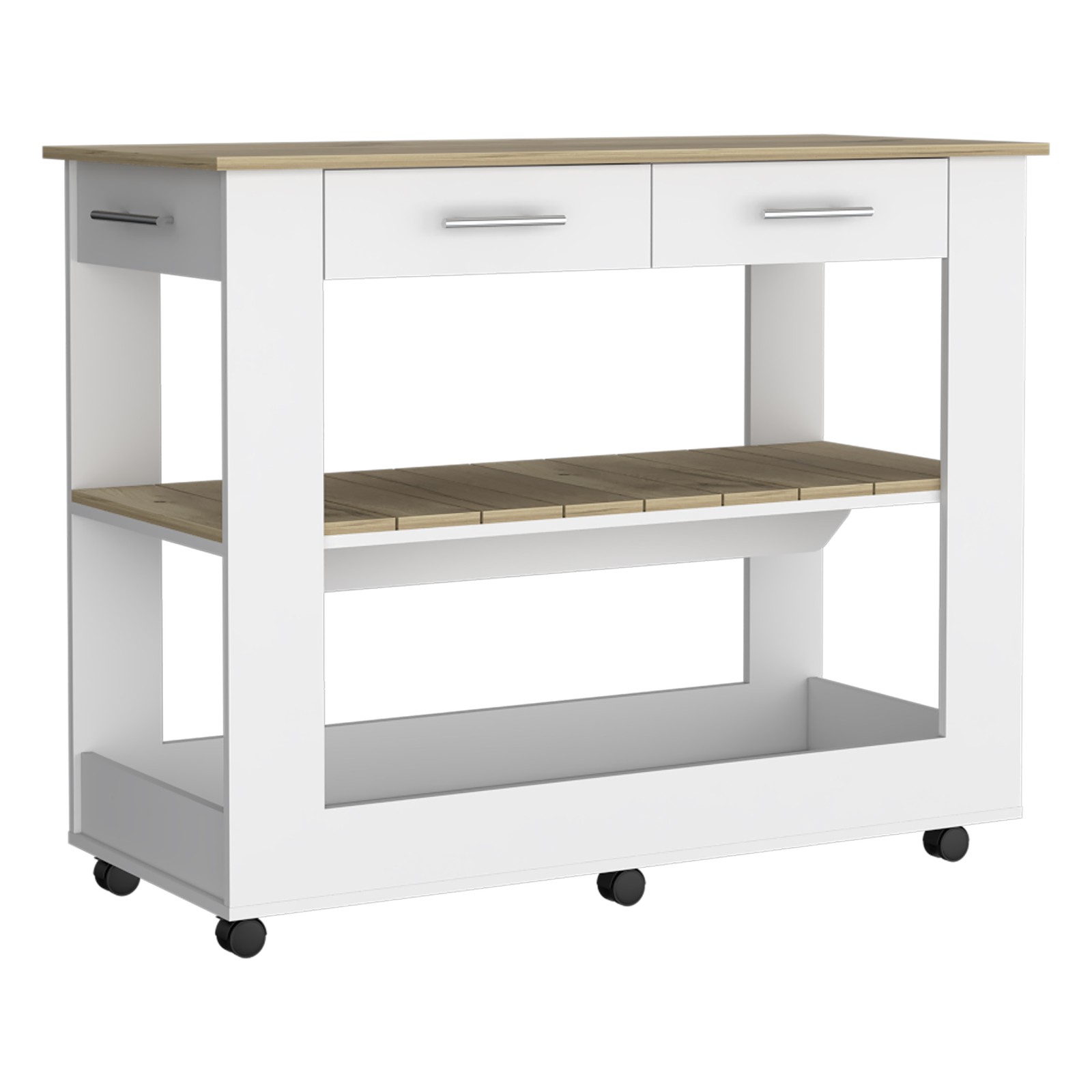 Kitchen Island 46 Inches Dozza, Two Drawers, White / Light Oak Finish