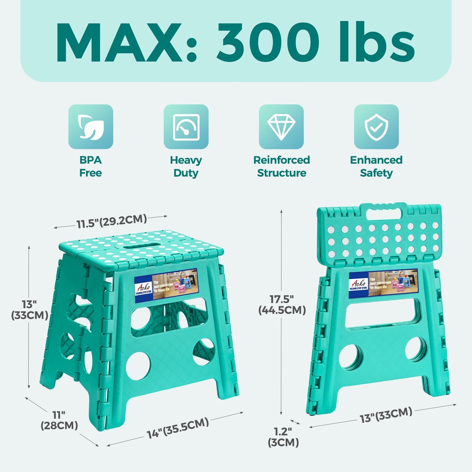 ACKO Folding Step Stool 13 Inch, Sturdy Collapsible 13 Teal