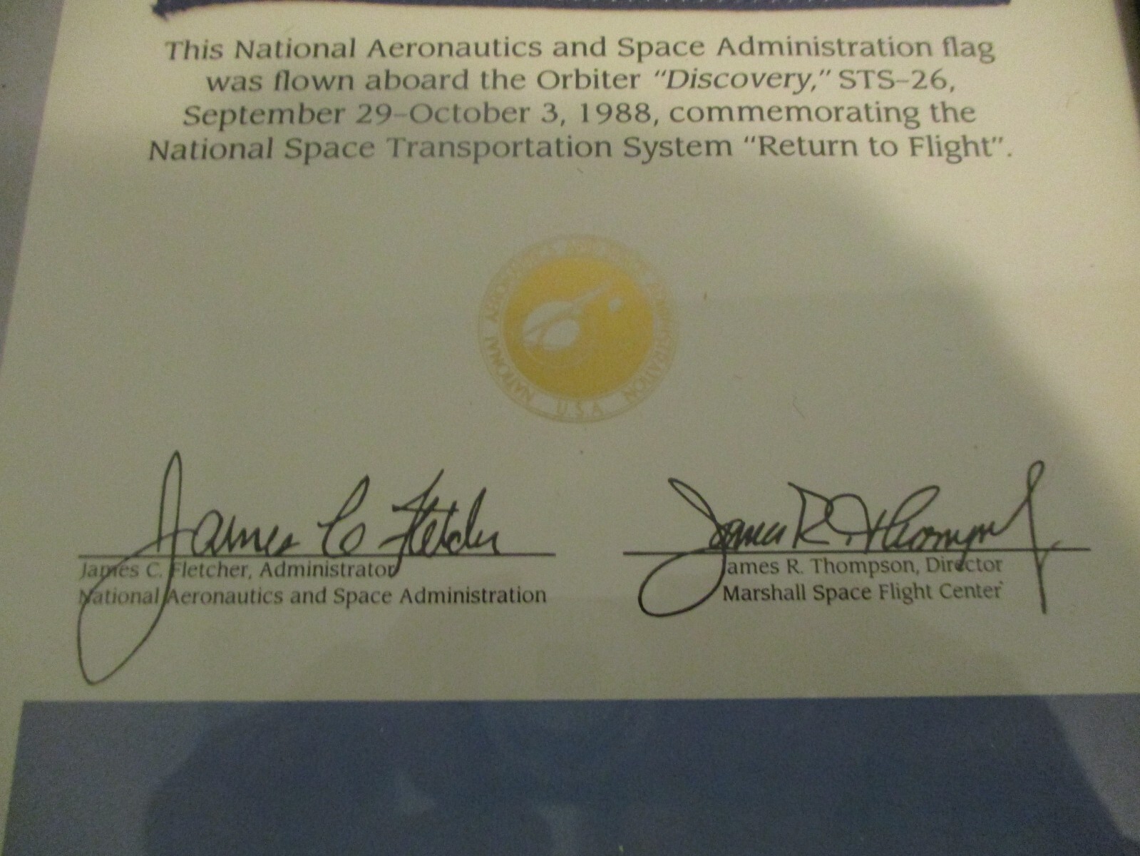 NASA SPACE SHUTTLE DISCOVERY STS-26 FLOWN FLAG CERTIFICATE "RETURN TO FLIGHT"