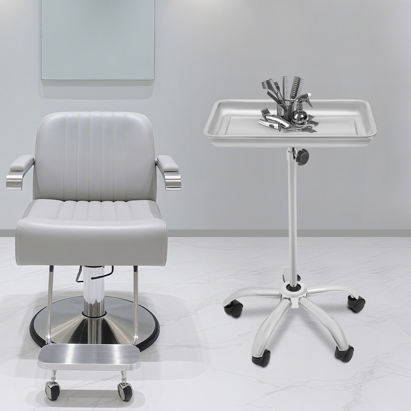 Metal Large Salon Tray, Adjustable Height Medical Tray Stand with Wheels