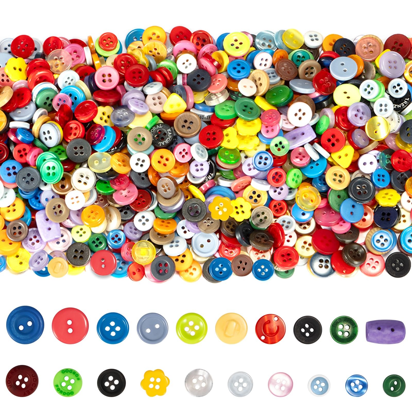 1000 PCS Assorted Mixed Color Resin Buttons Round 0.7 cm to 3 cm, colorful