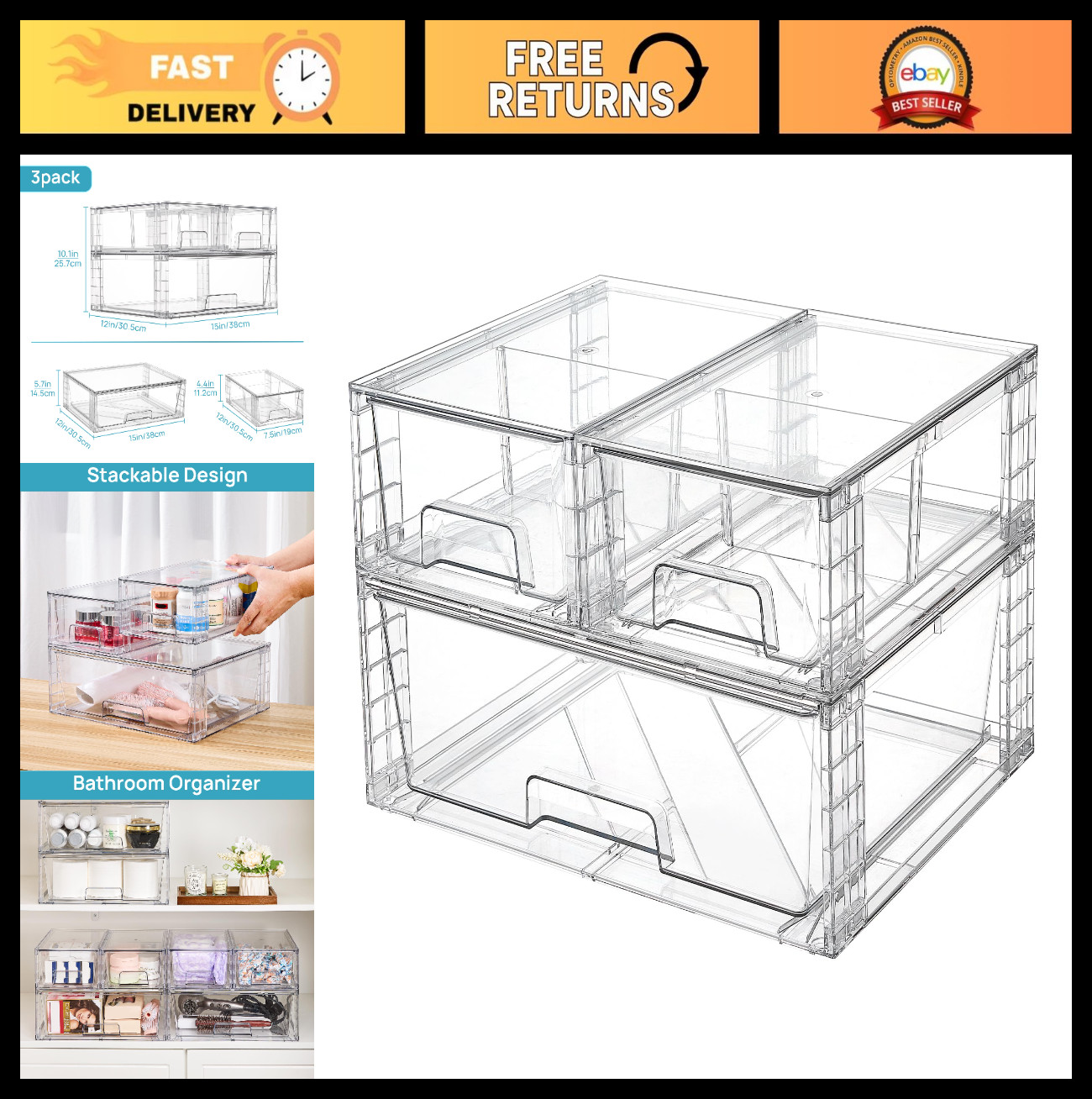 Clear Stackable Storage Drawers Set - 3 Pack Wide & Small Organizers for Bathroo