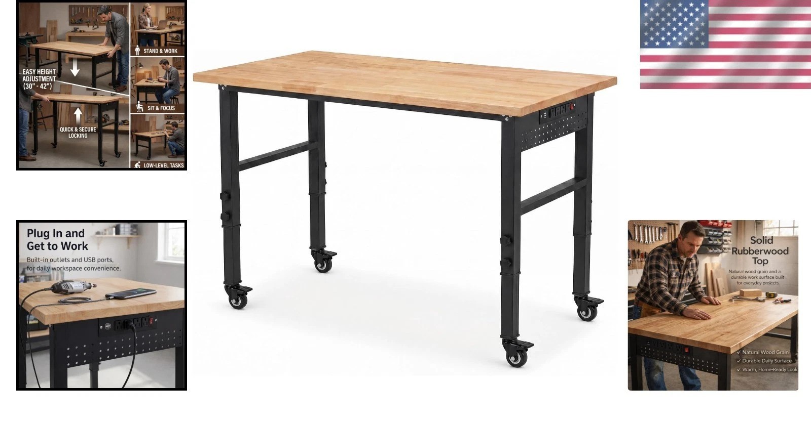 48" Adjustable Height Workbench with Rubberwood Top & Wheels - 2000 LBS Capacity