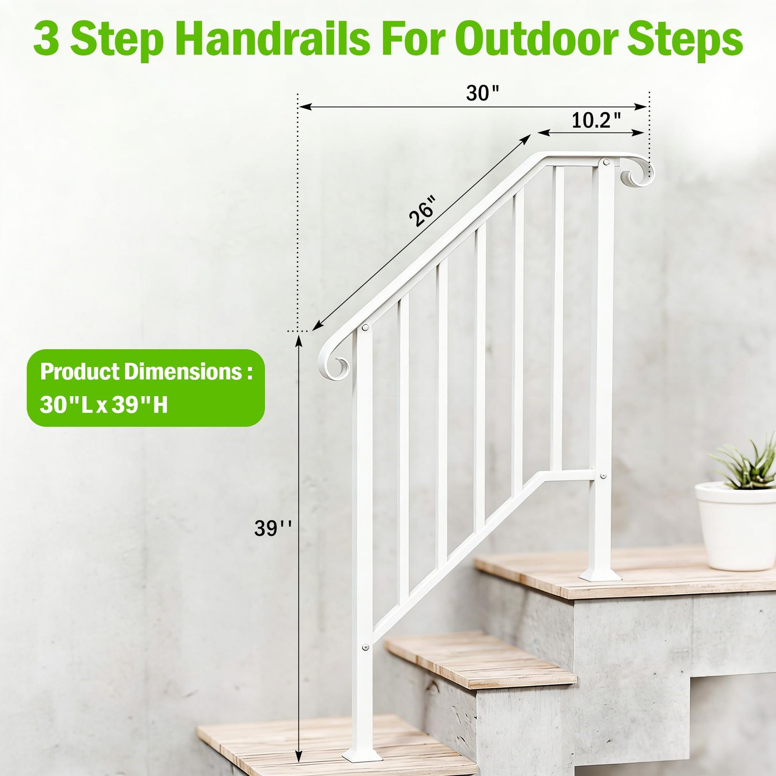 ANTSKU 3 Step Handrails for Outdoor Steps, Wrought Iron Stair 3 - Step, White