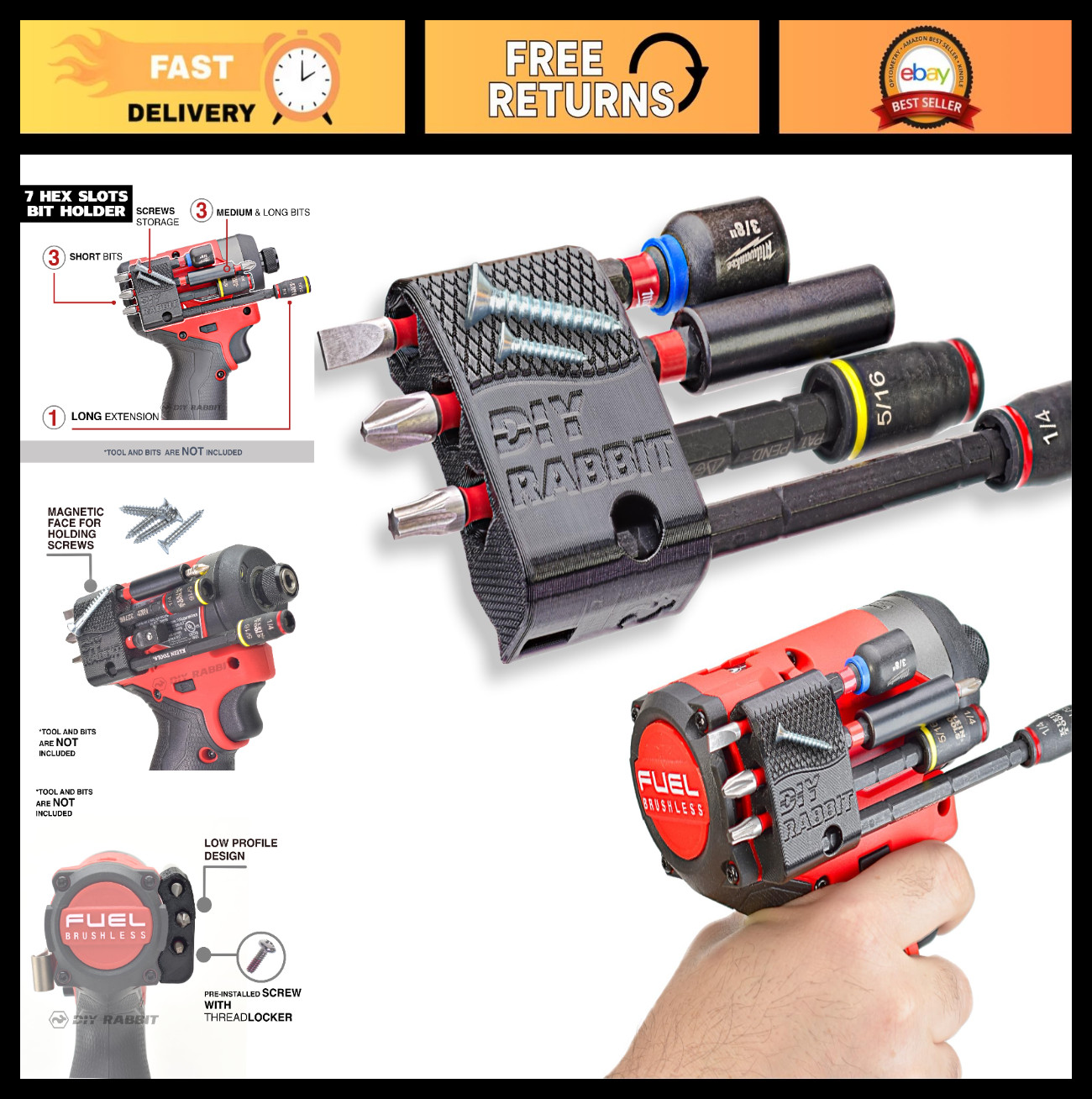 Magnetic Bit Holder Organizer - 7 Slot 1/4" Hex for Impact Driver & Drill Access