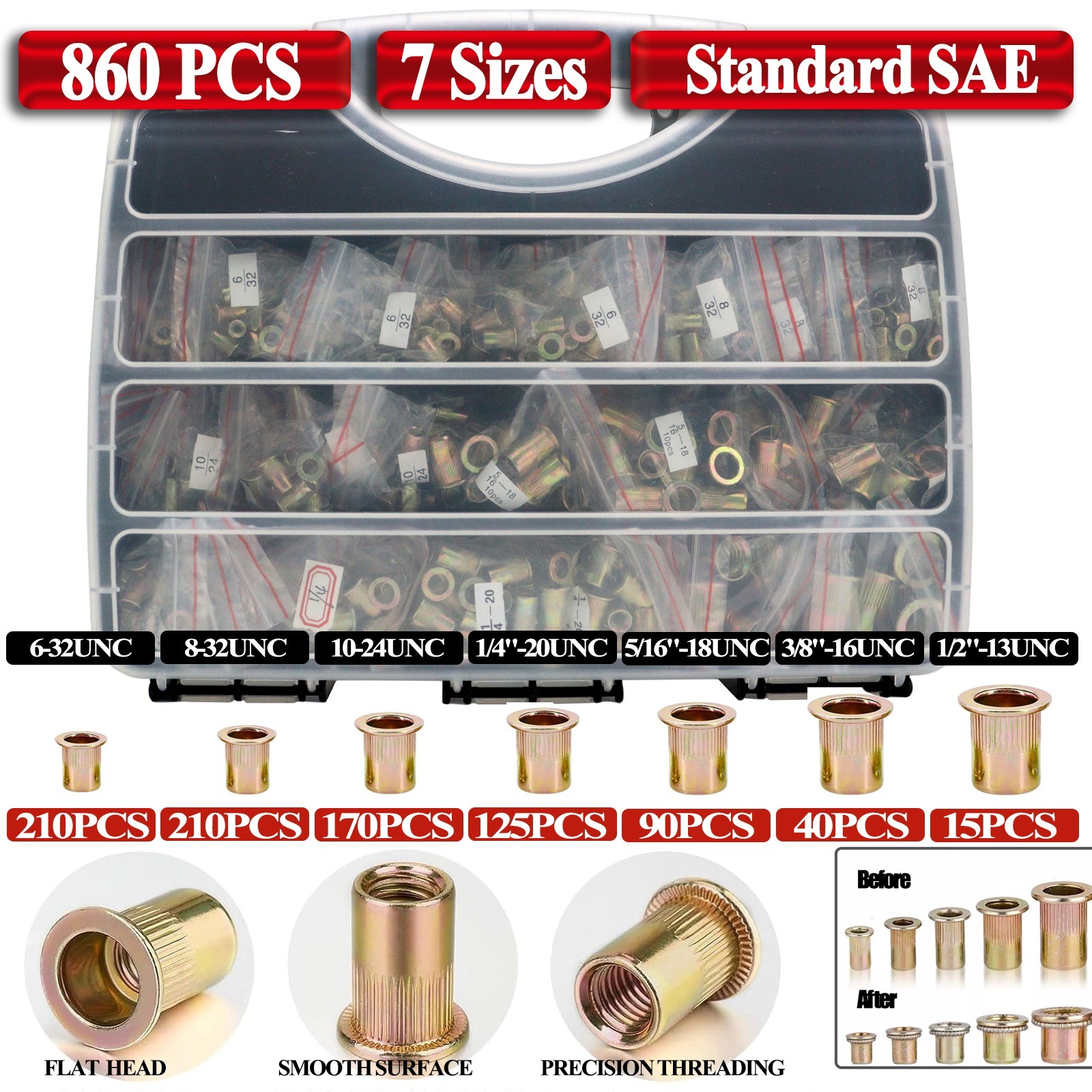 860Pcs Rivet Nuts- SAE UNC Assortment Carbon Steel Flat Head Zinc Plated Nutsert