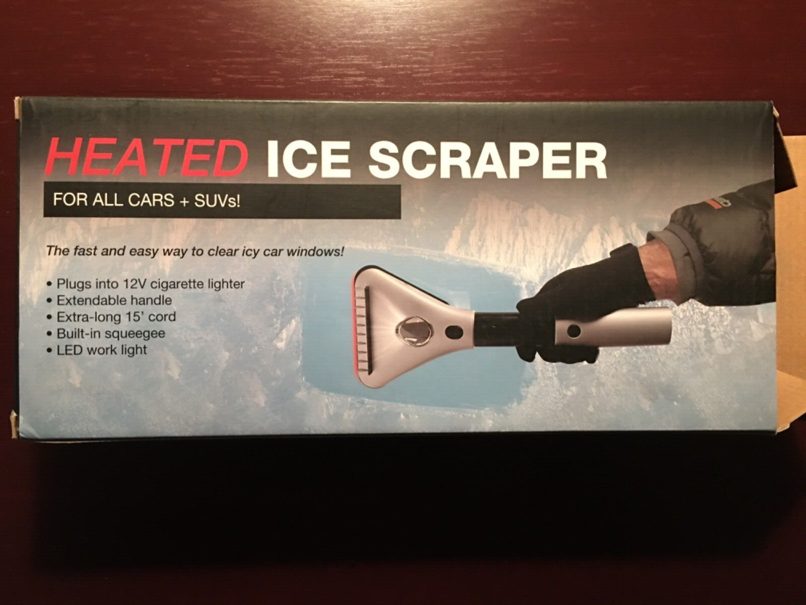 Heated Car Window Ice Scraper - Extendable Handle - LED Light - 12V - 15’ Cord