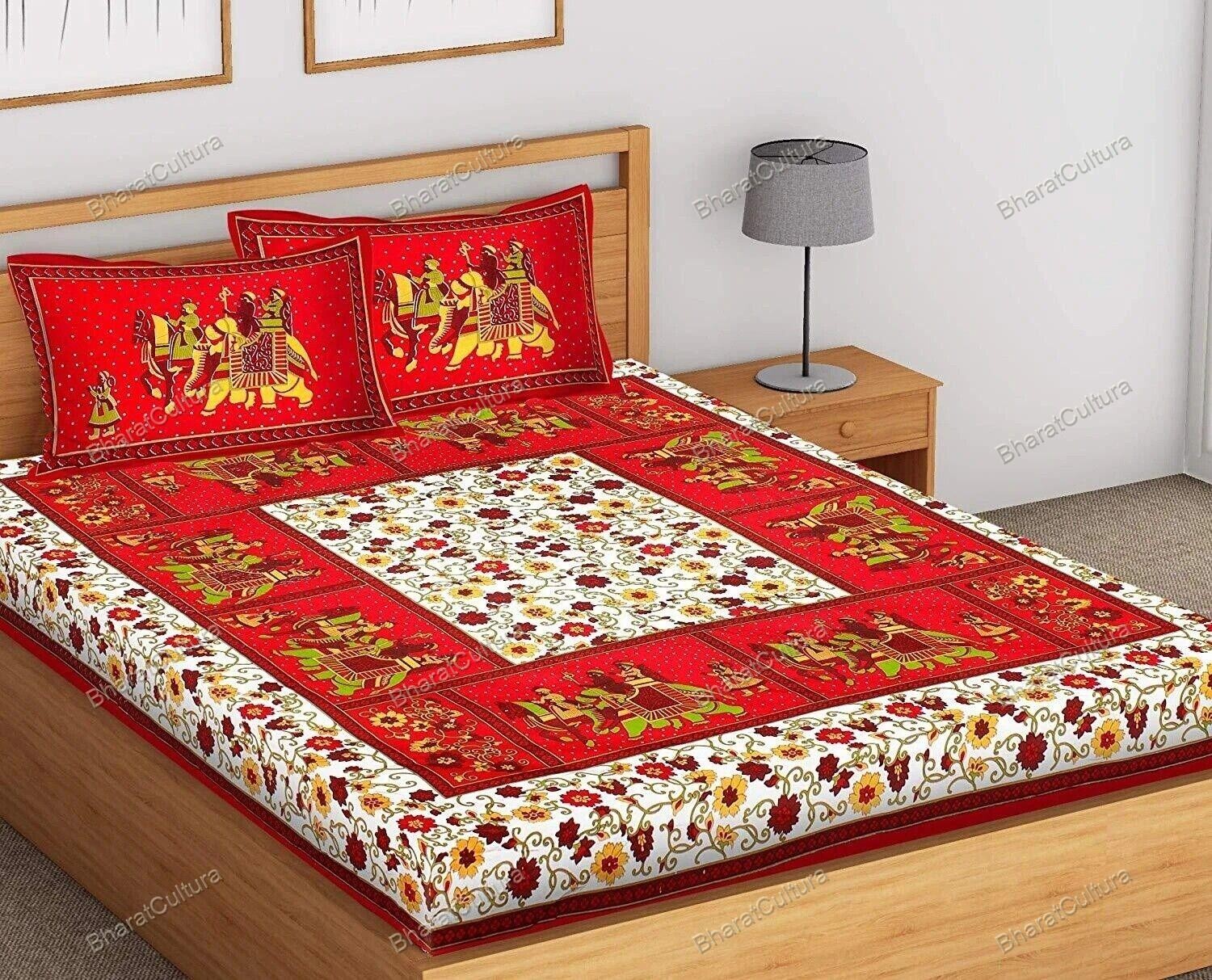 Red Color Floral Pattern Cotton Handmade With 2 Pillowcases Doppelbettlaken