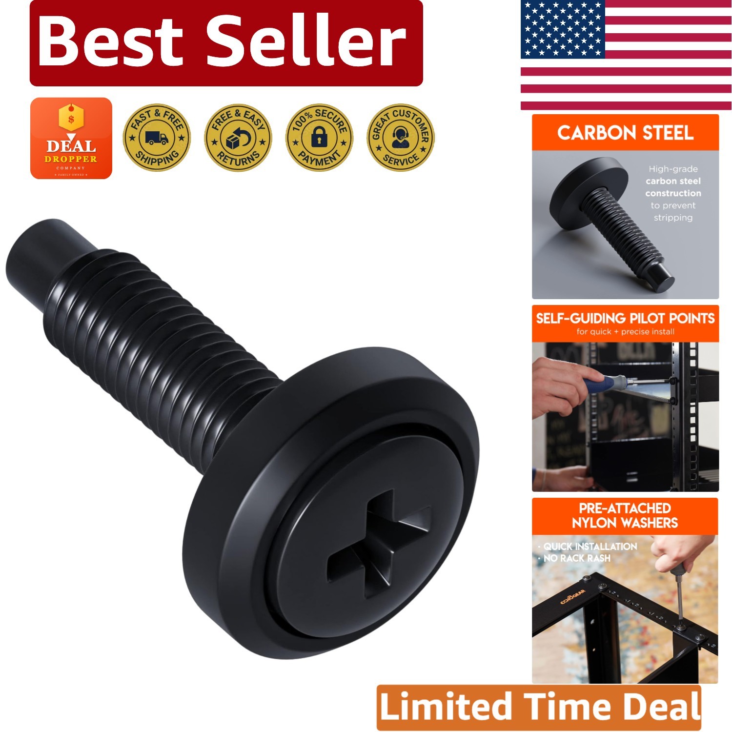 Alloy Steel Server Rack Screws 25 Pack - Black Zinc Coated for Long-Lasting Use