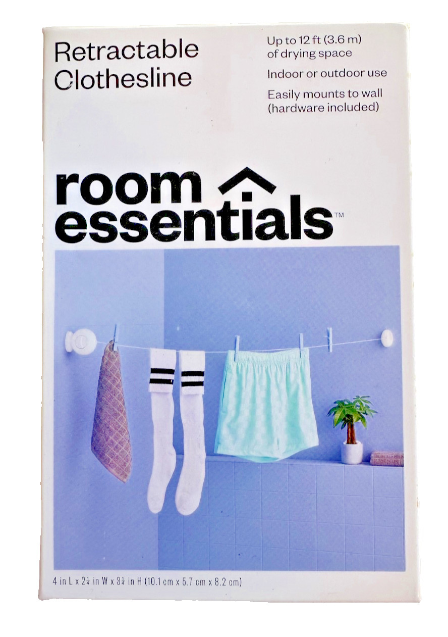 Room Essentials Retractable Clothesline 12ft Indoor Outdoor Wall Mount NOB NEW