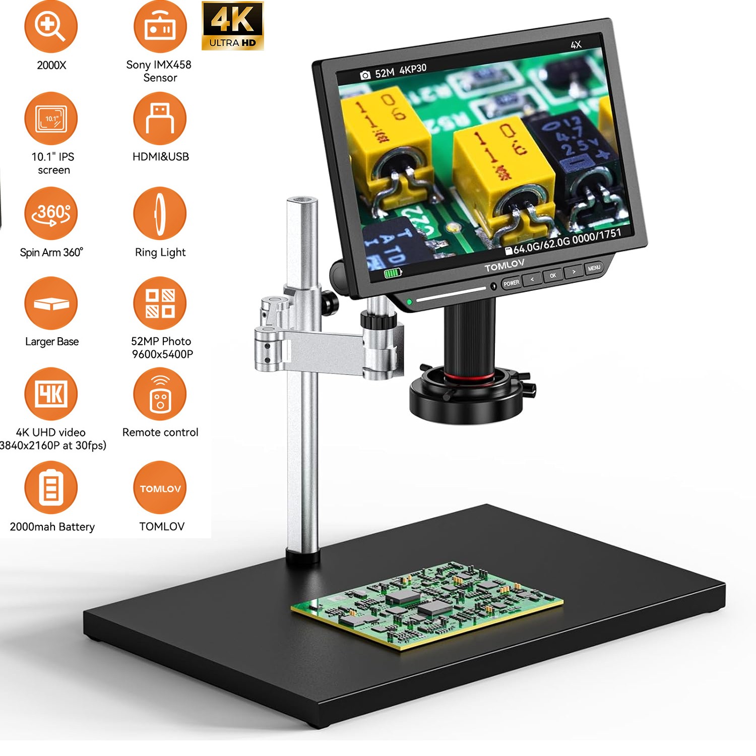 TOMLOV 4K Digital Microscope 2000x Soldering Microscope for Electronics Spin Arm