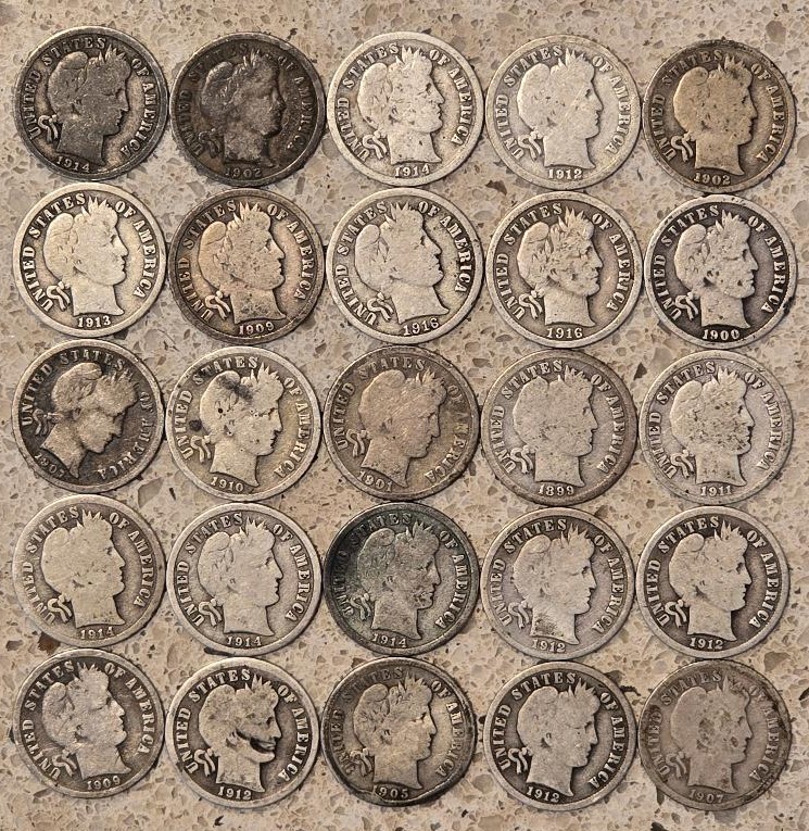 Barber Silver Dime 10C Lot of 25 (0.9 Fine) * G06 & VG08 *Mixed Dates - Lot 206