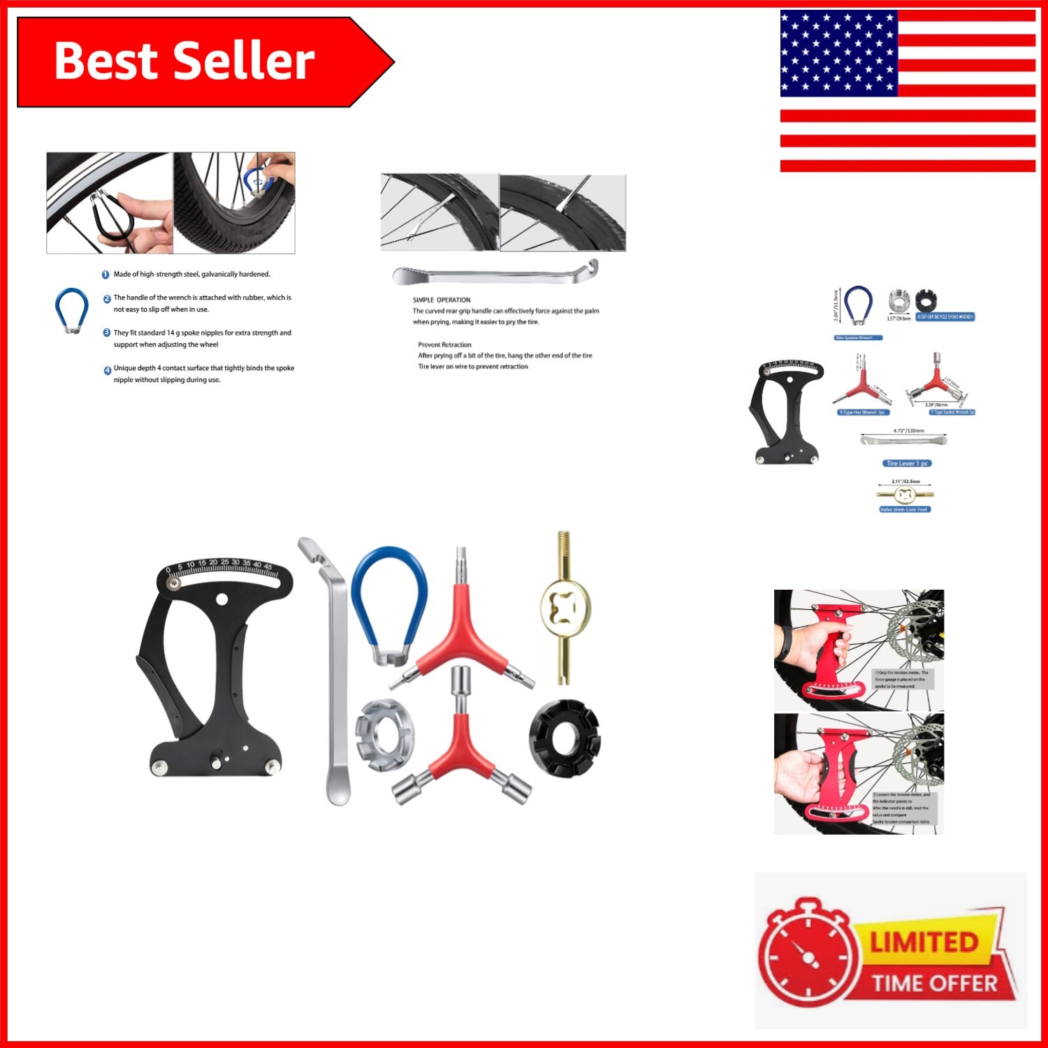 Precision Bicycle Spoke Tension Meter Tool Set - Includes Valve & Spoke Wrenches