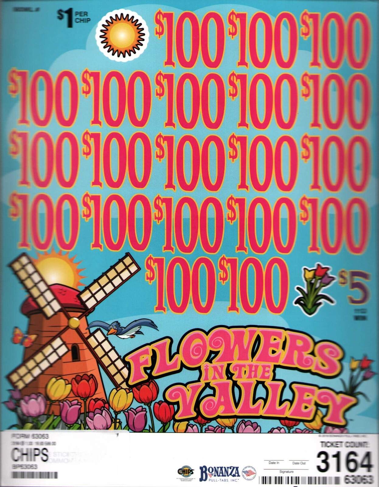 Pull Tab Tickets -Chip Tickets - Game - Flowers in the Valley - 3,164 ct