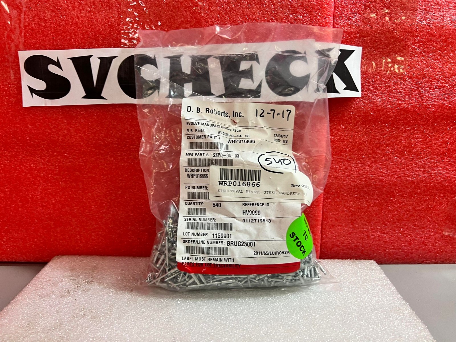 Pack of 540 DB ROBERTS SSPQ-04-03 Structural Rivet