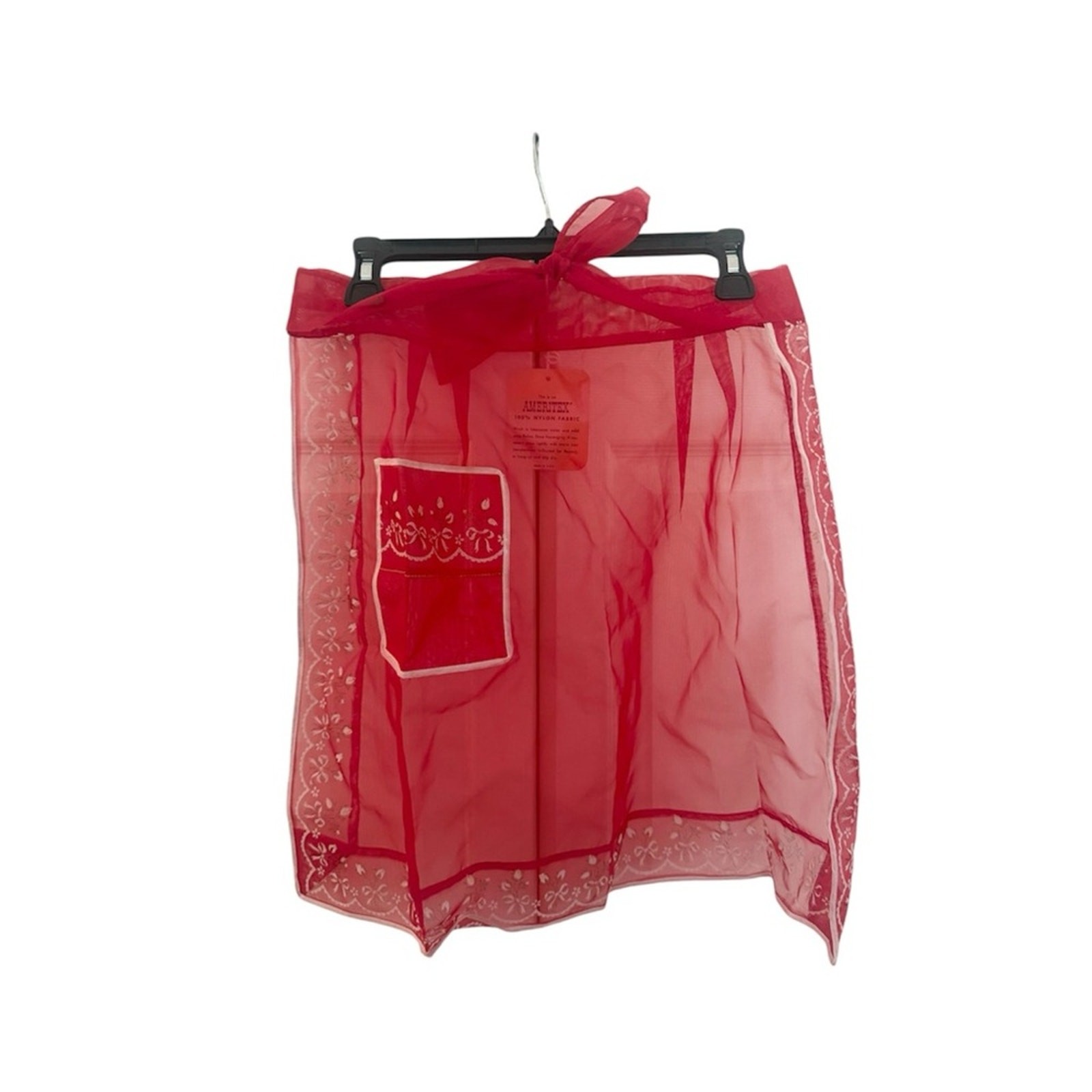 Vintage NWT Ameritex Nylon Sheer Waist Apron Red White Bow Print Tie Waist