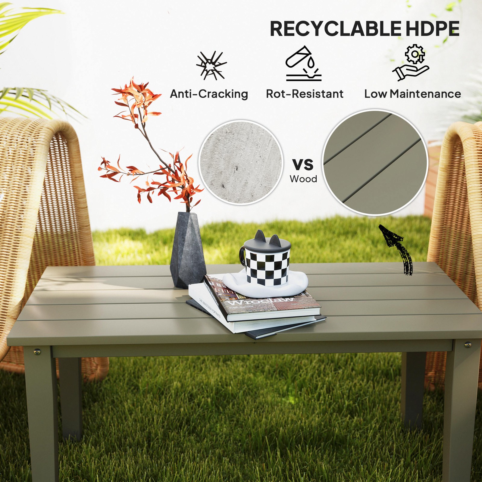 Outsunny HDPE Outdoor Coffee Table, Rectangle Slatted Patio Table, Brown