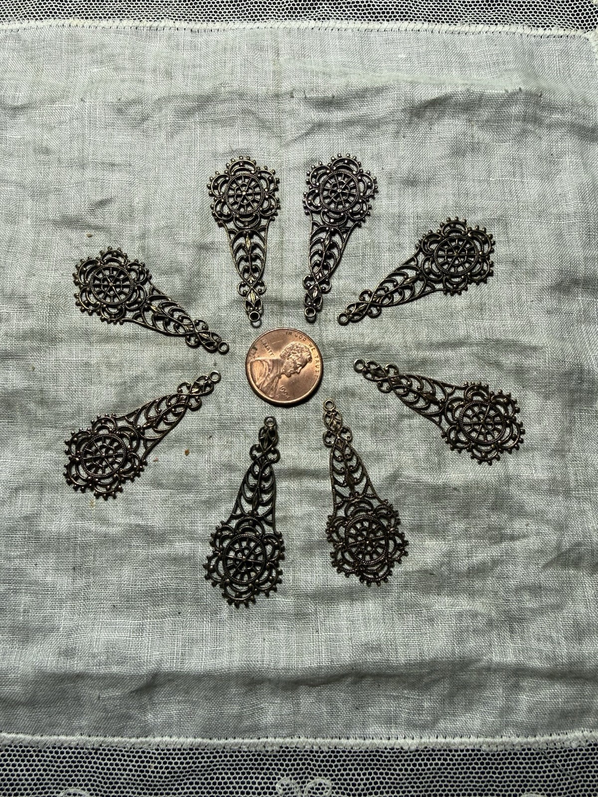 8 Art Nouveau Brass Dangles with Flower at Base , Open Wire Filigree