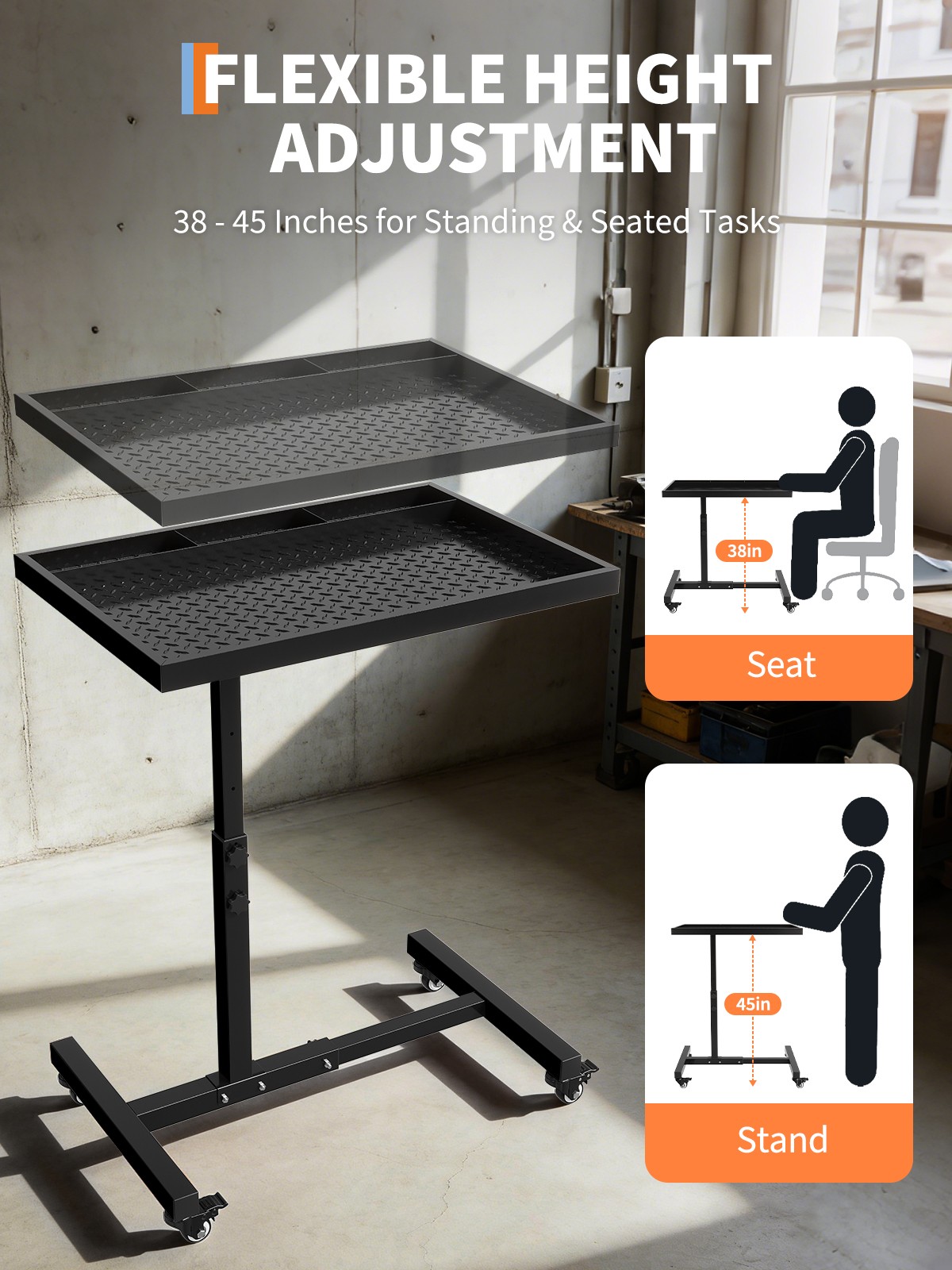 Adjustable Rolling Tool Tray Table on Casters 4 Compartments 220 lb for Workshop