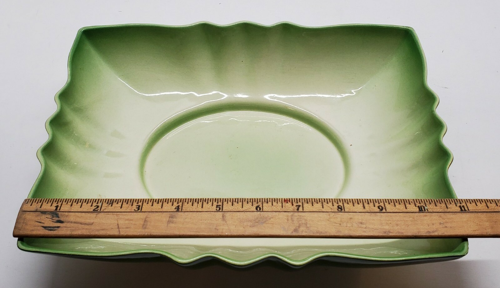 Vtg Retro Cucumber Green Scalloped Ceramic Flower Bulb Planter Dish Rectangular