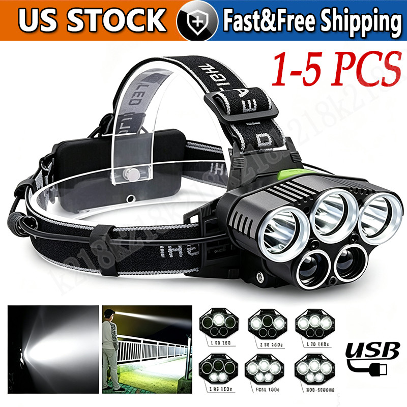 Super Bright 5 LED Zoom Headlamp USB Rechargeable Headlight Head Torch Headlight