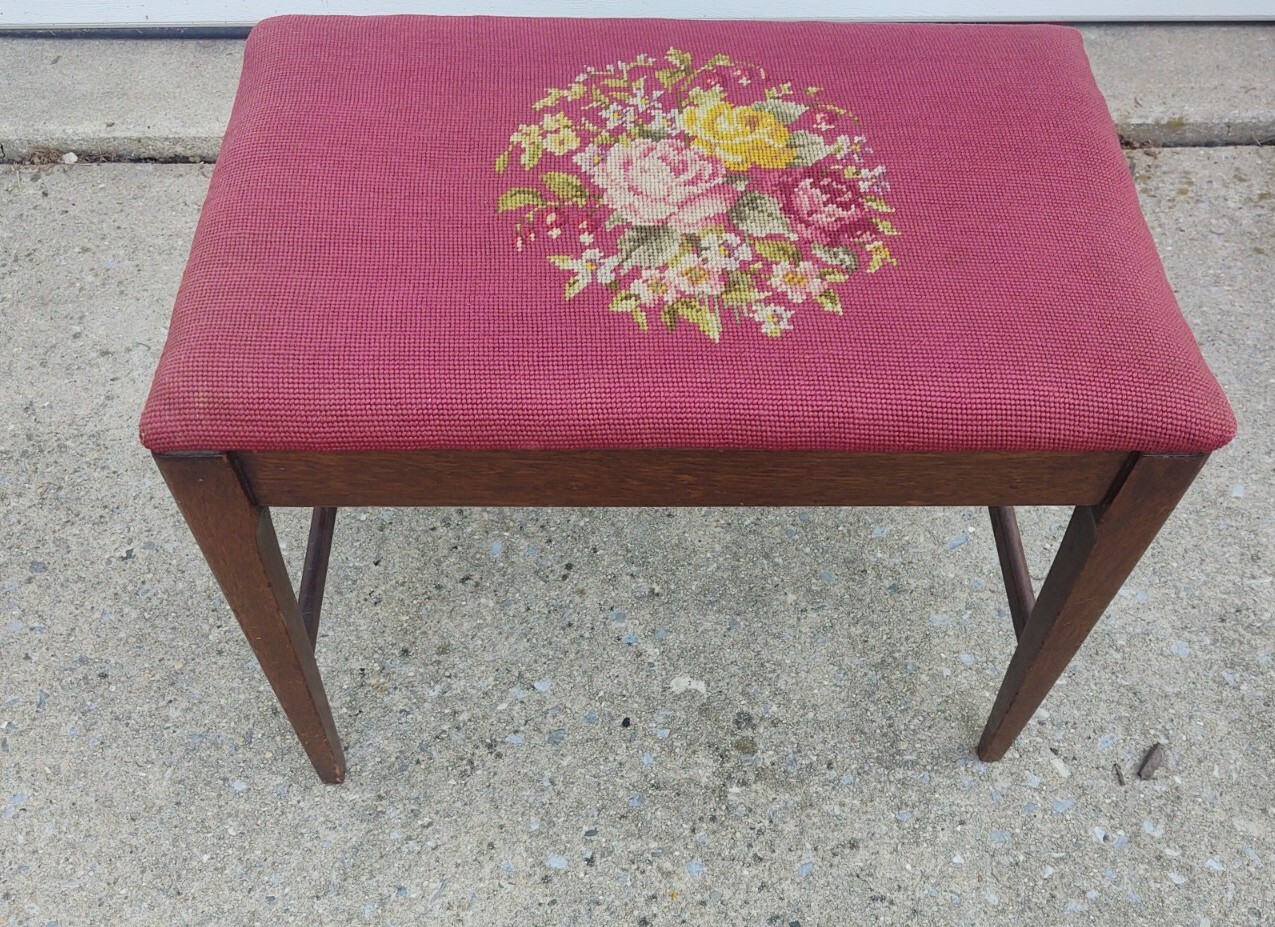 Vintage Wooden Stool Bench Ottoman Floral Needlepoint Top
