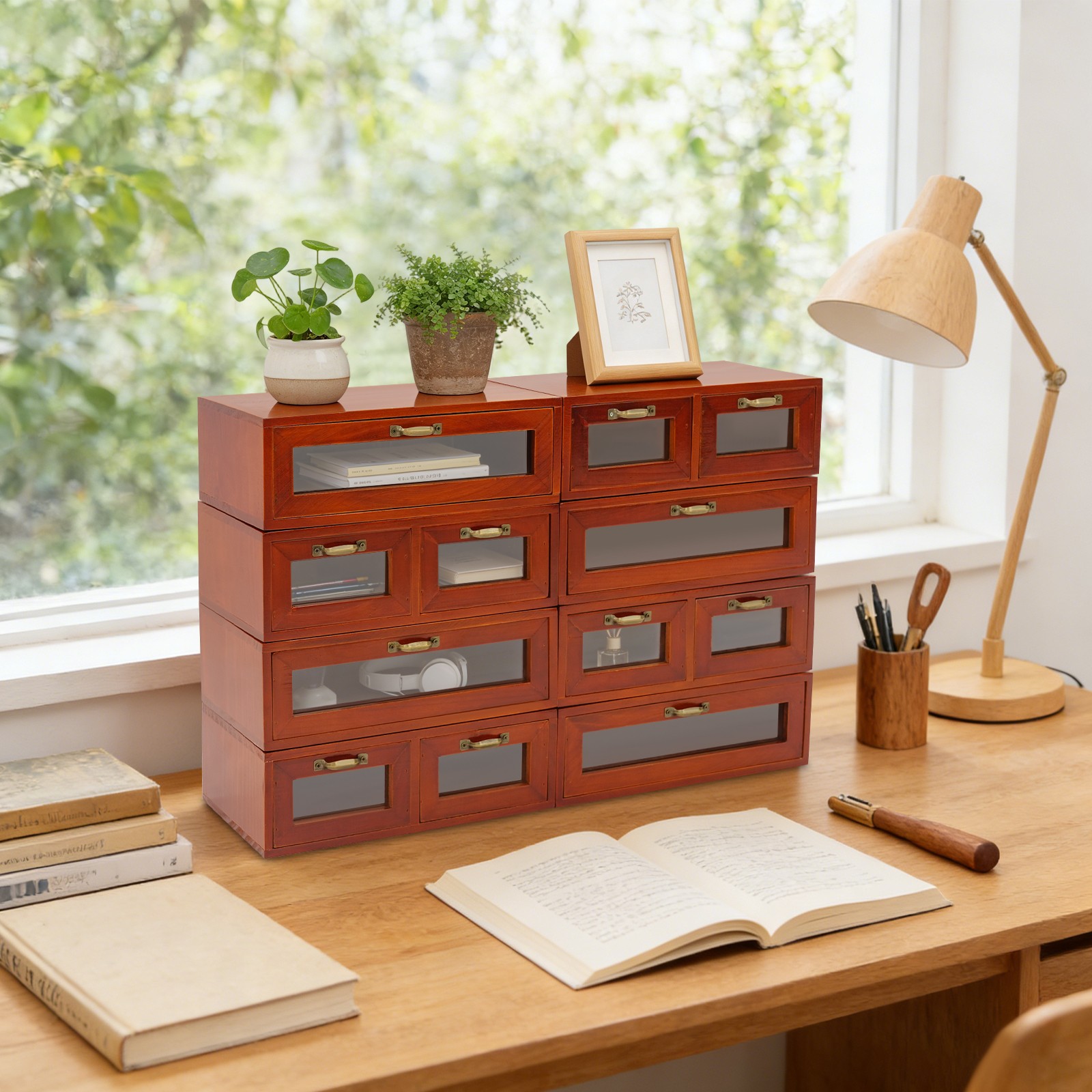 Stackable Wood Storage Cabinets/Boxes With Handles, 4 Single & 4 Double Drawer