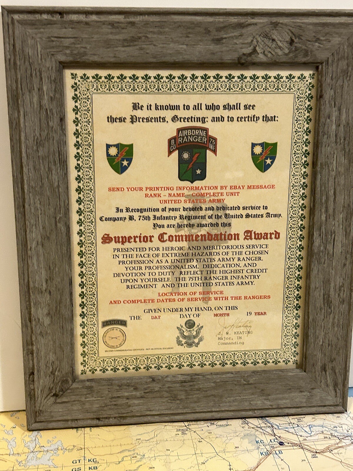 U.S. ARMY - 75TH RANGER / B CO - SUPERIOR COMMENDATION AWARD CERTIFICATE
