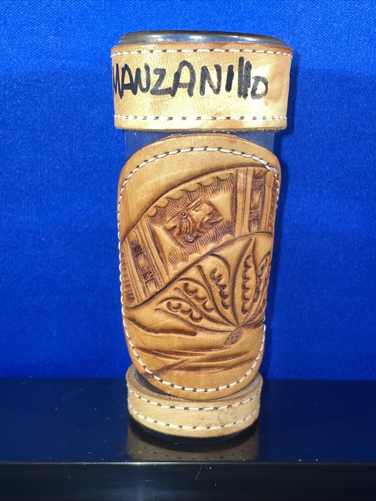 Manzanillo México Shot Glass Leather Accents