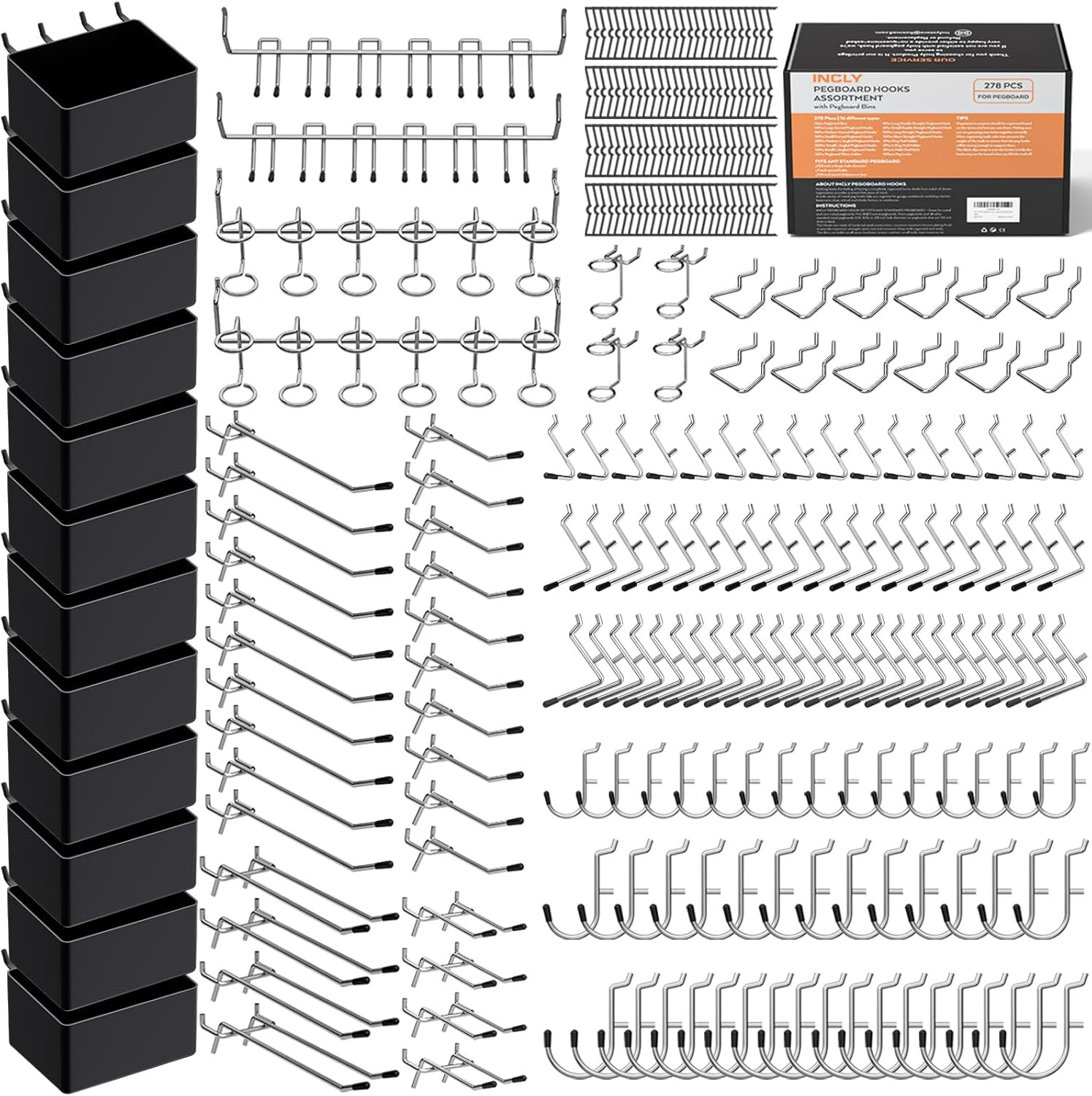INCLY 278PCS Pegboard Accessories Organizer Kit, Peg Board Hooks Assortment with