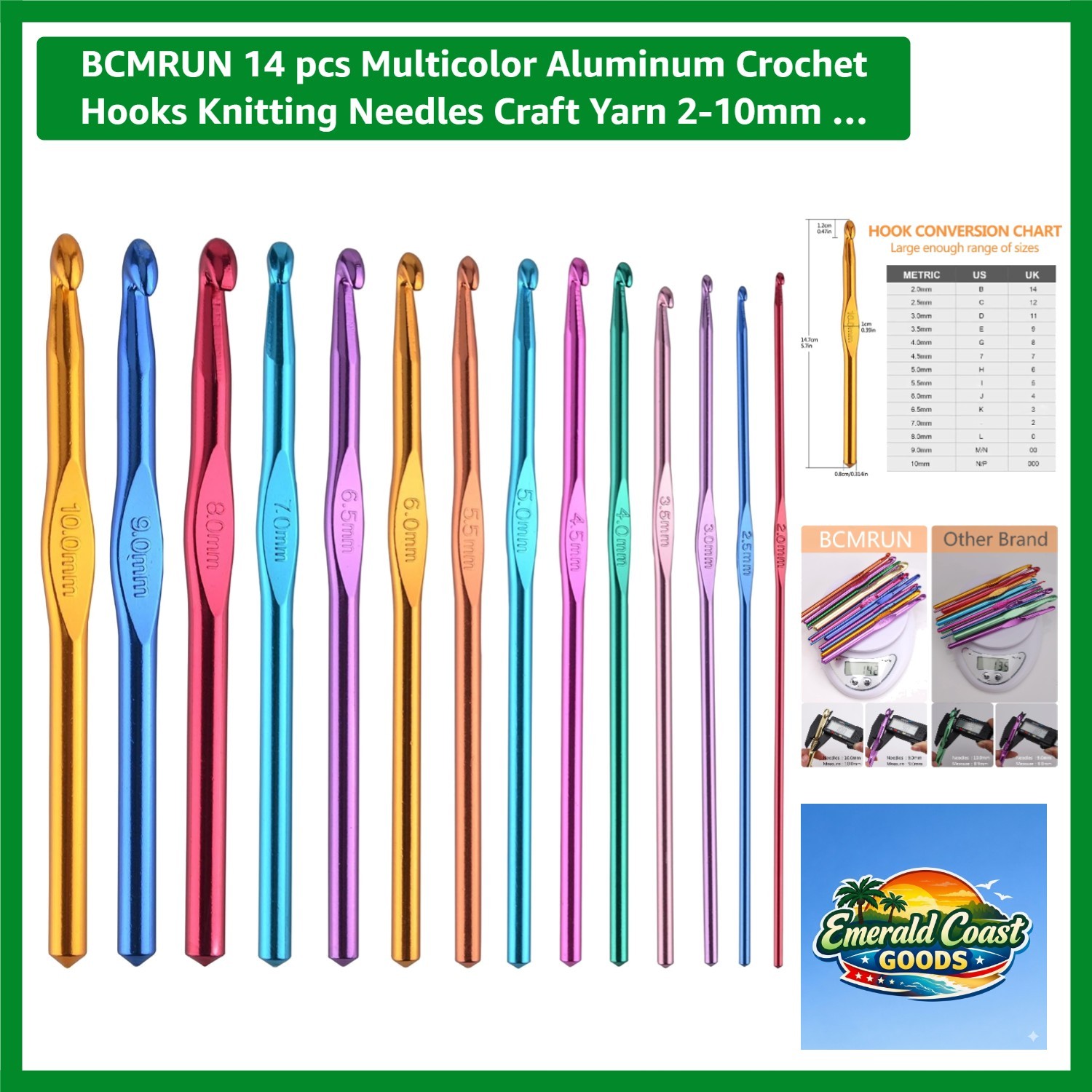 Lightweight 14-Piece Multicolor Aluminum Crochet Needles Set from 2mm to 10mm