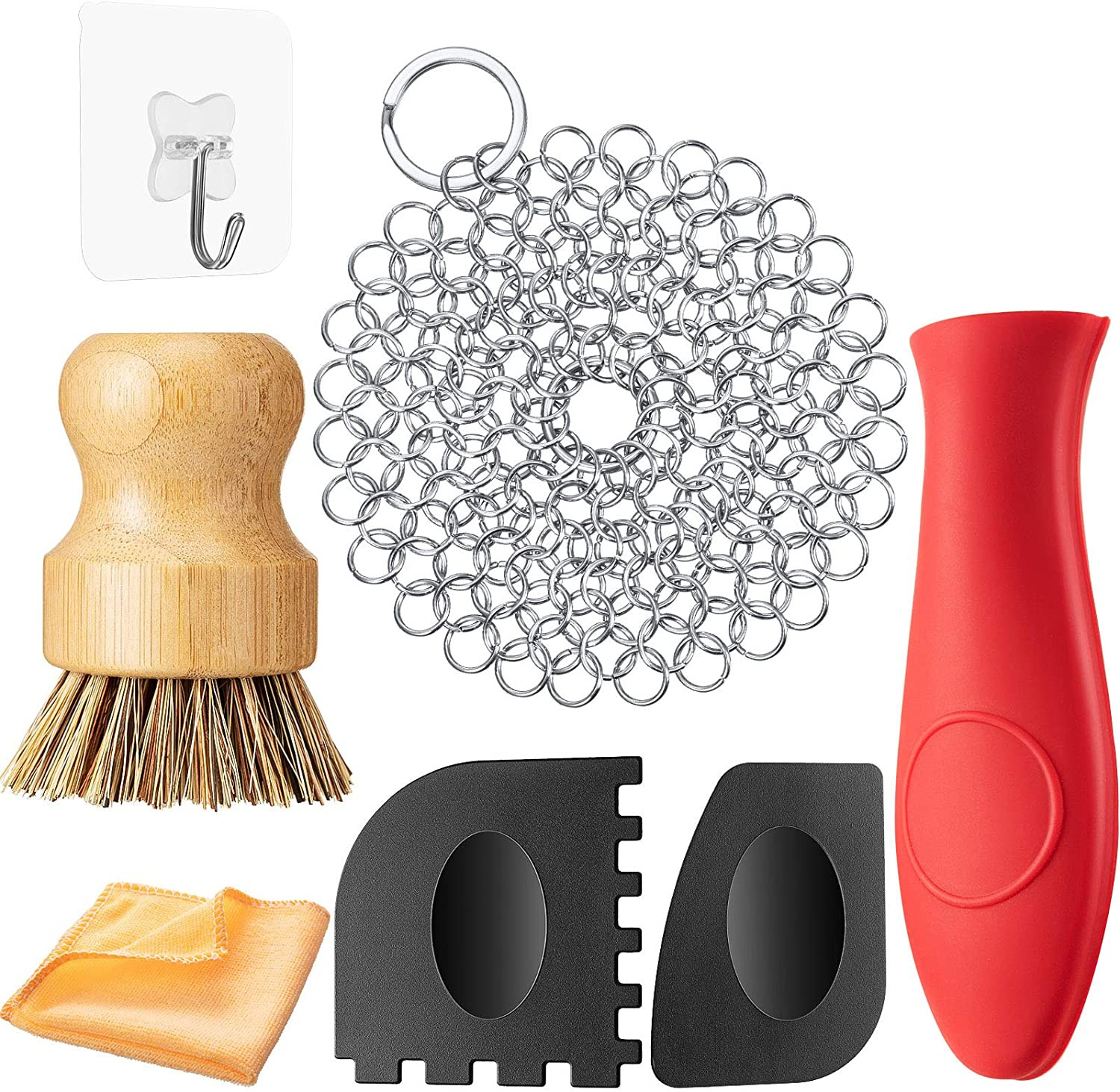 7 Pieces Cast Iron Cleaner Set Include Stainless Steel Chainmail Scrubber wit...