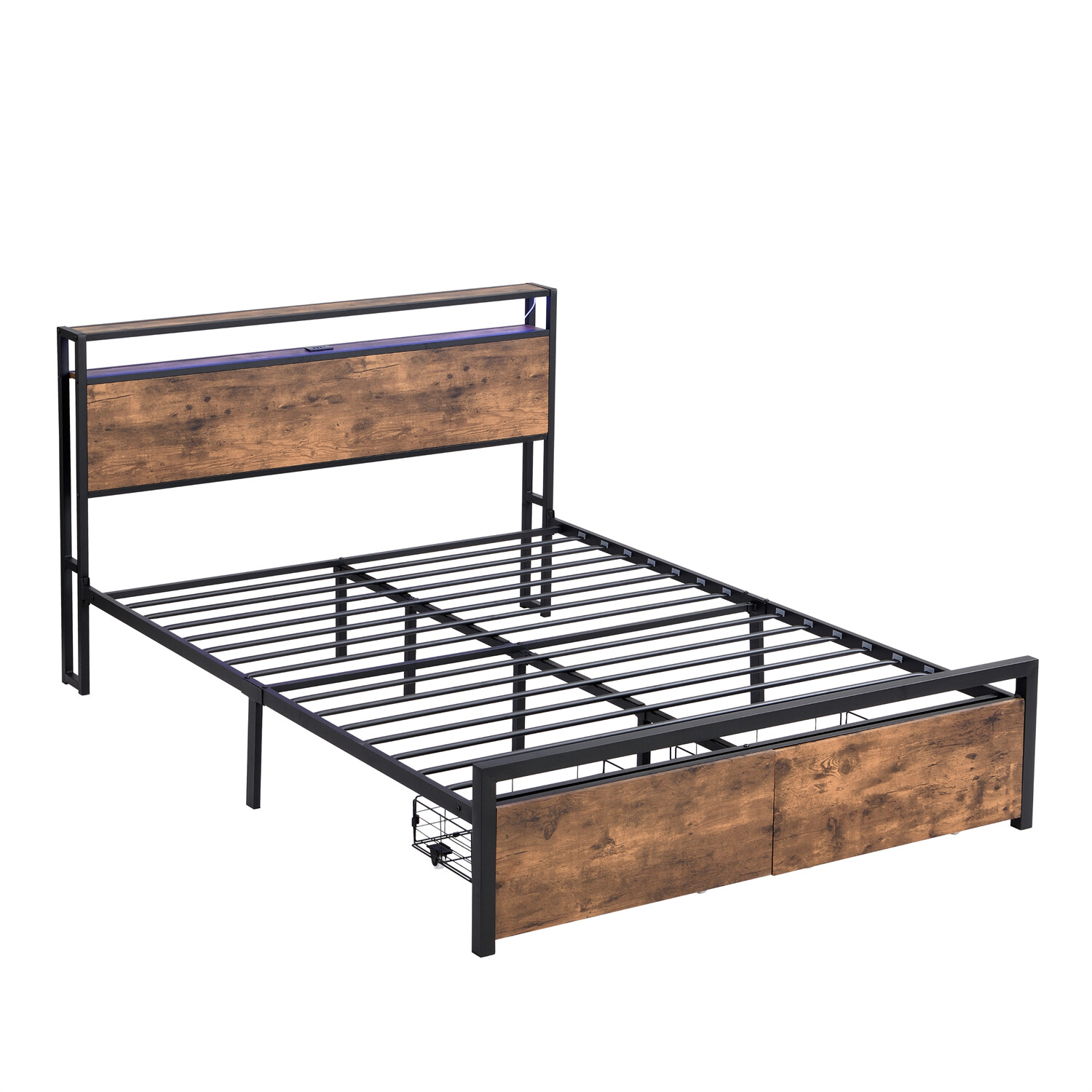 Queen Size Bed Frame with Storage Headboard & 2 Drawer Metal Platform Bed New