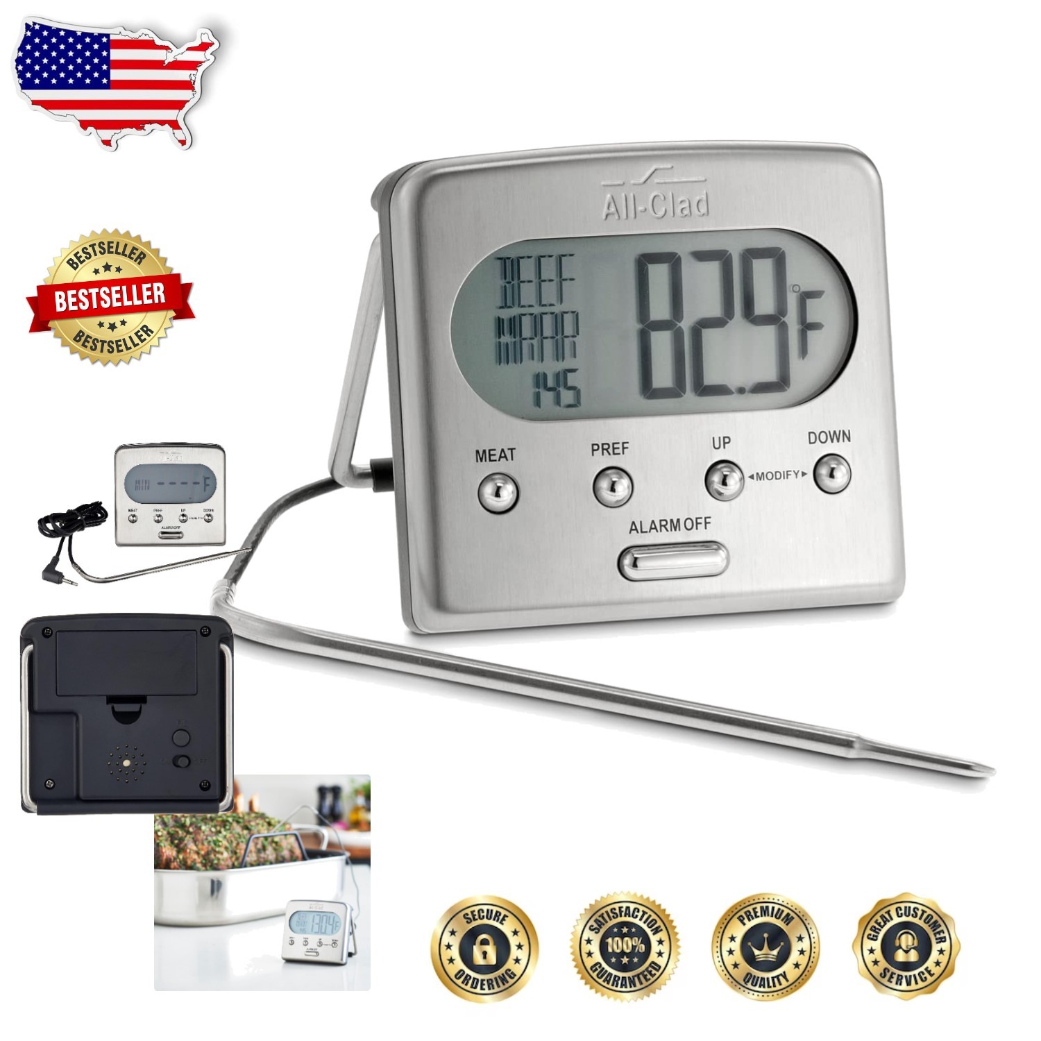 Oven Probe Thermometer Digital LCD 572°F Stainless Steel