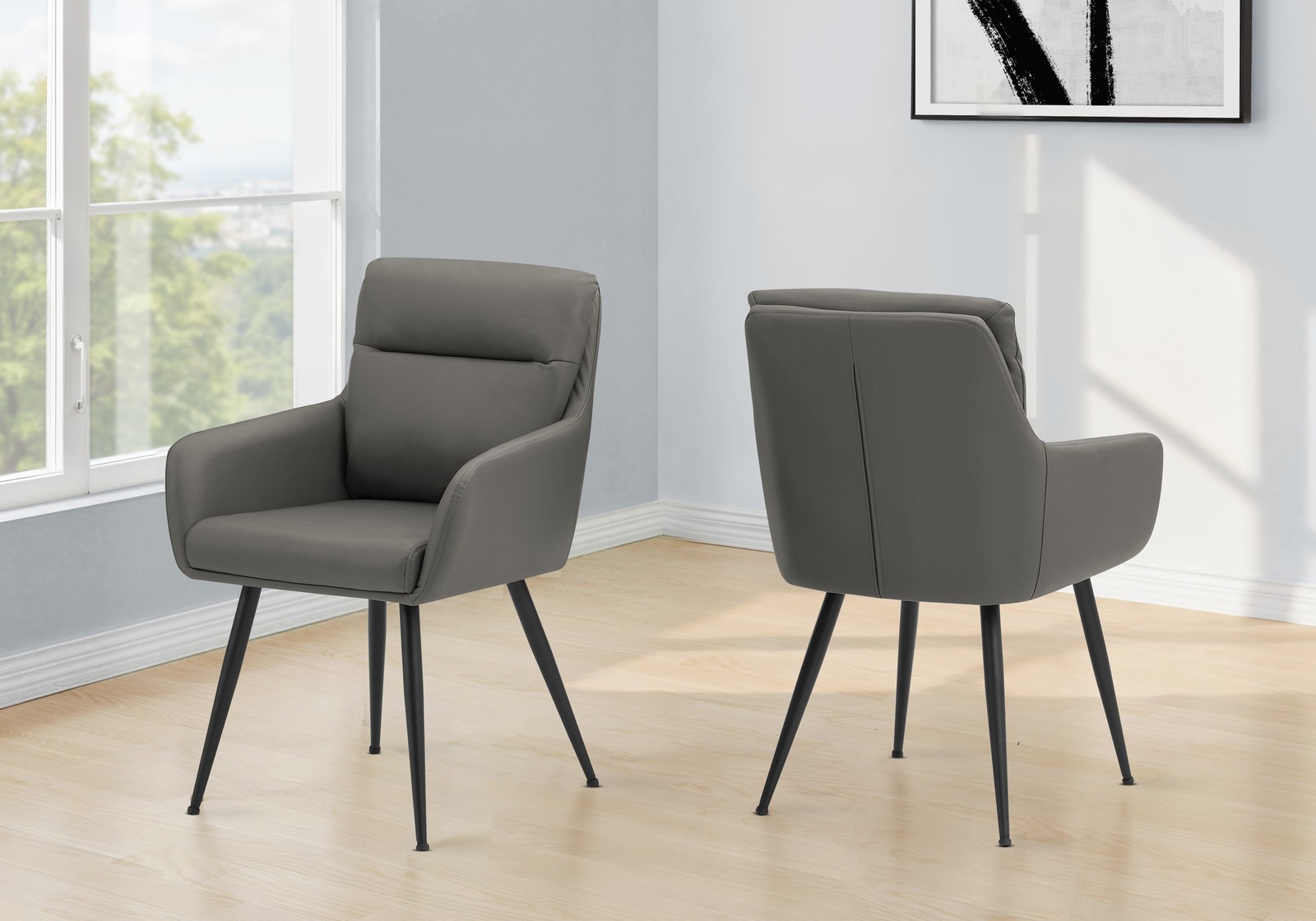 Upholstered Dining Chair Set of 2, Grey Leather Look, Black Metal Legs