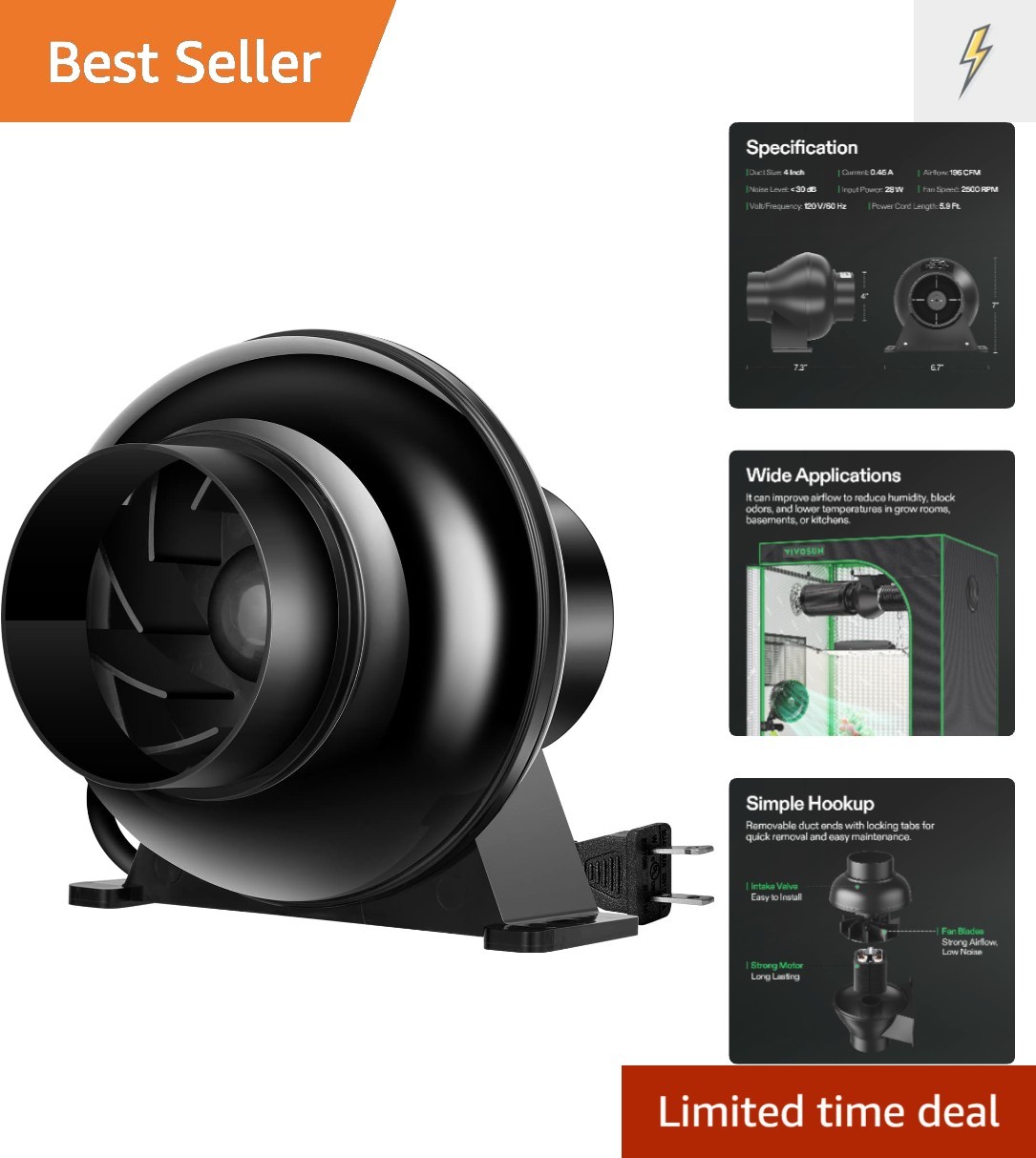 High-Performance 4-Inch Inline Blower - 2500 RPM with Durable Design