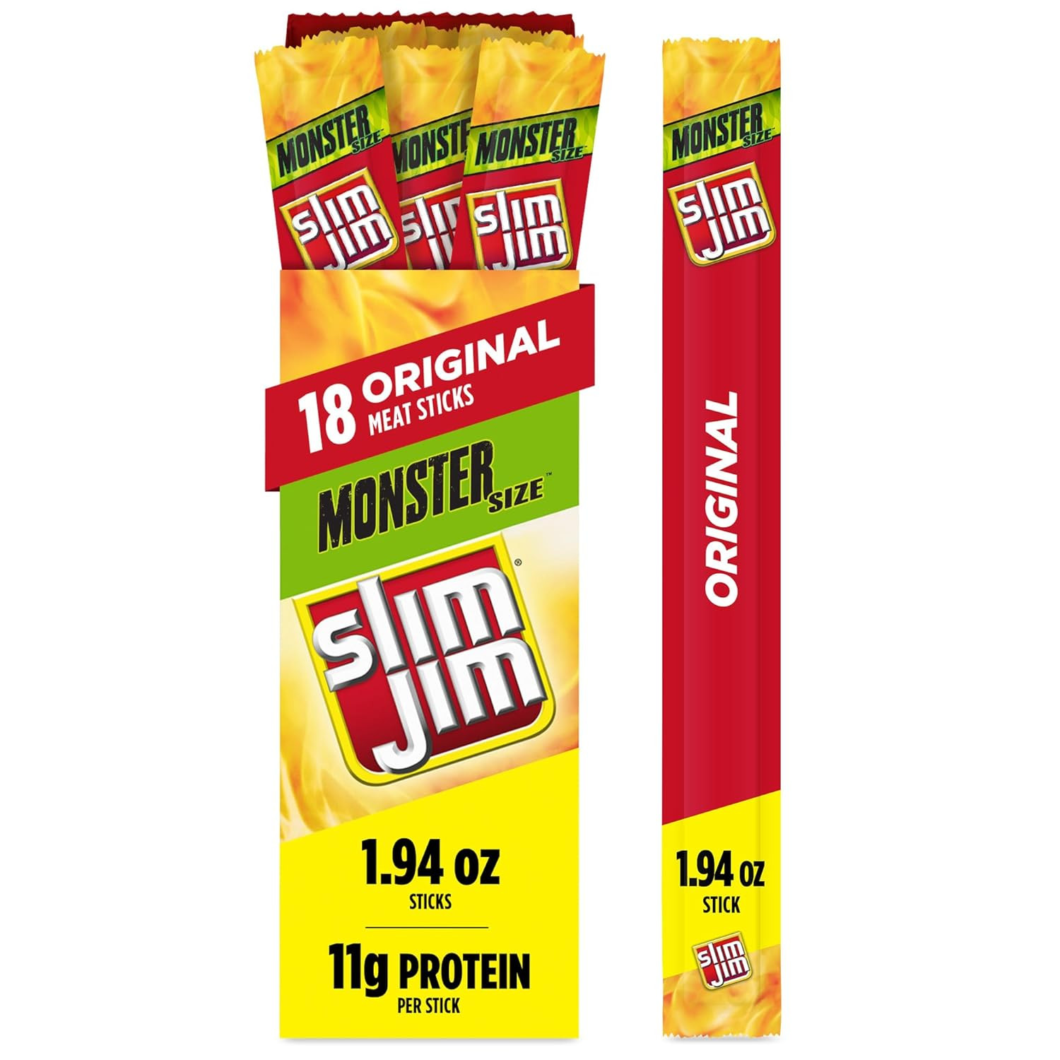 Slim Jim Monster Smoked Meat Sticks, Original Flavor, 1.94 Oz. (18 Count)